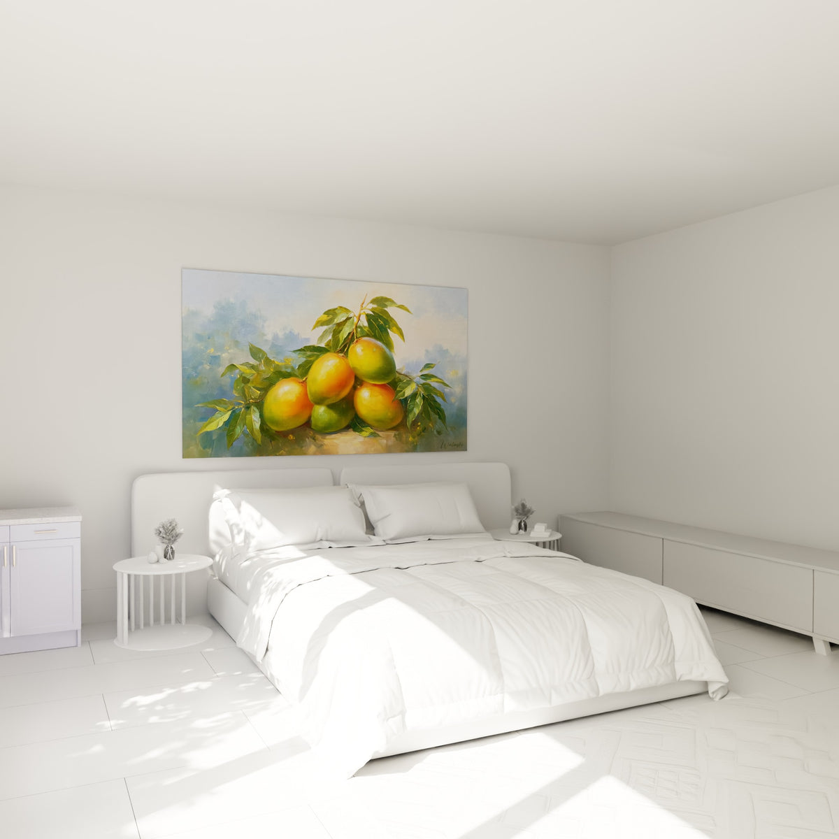 Grappe de mangues orange vif et vert tendre sur branche, accrochée au-dessus d'un lit dans une chambre claire