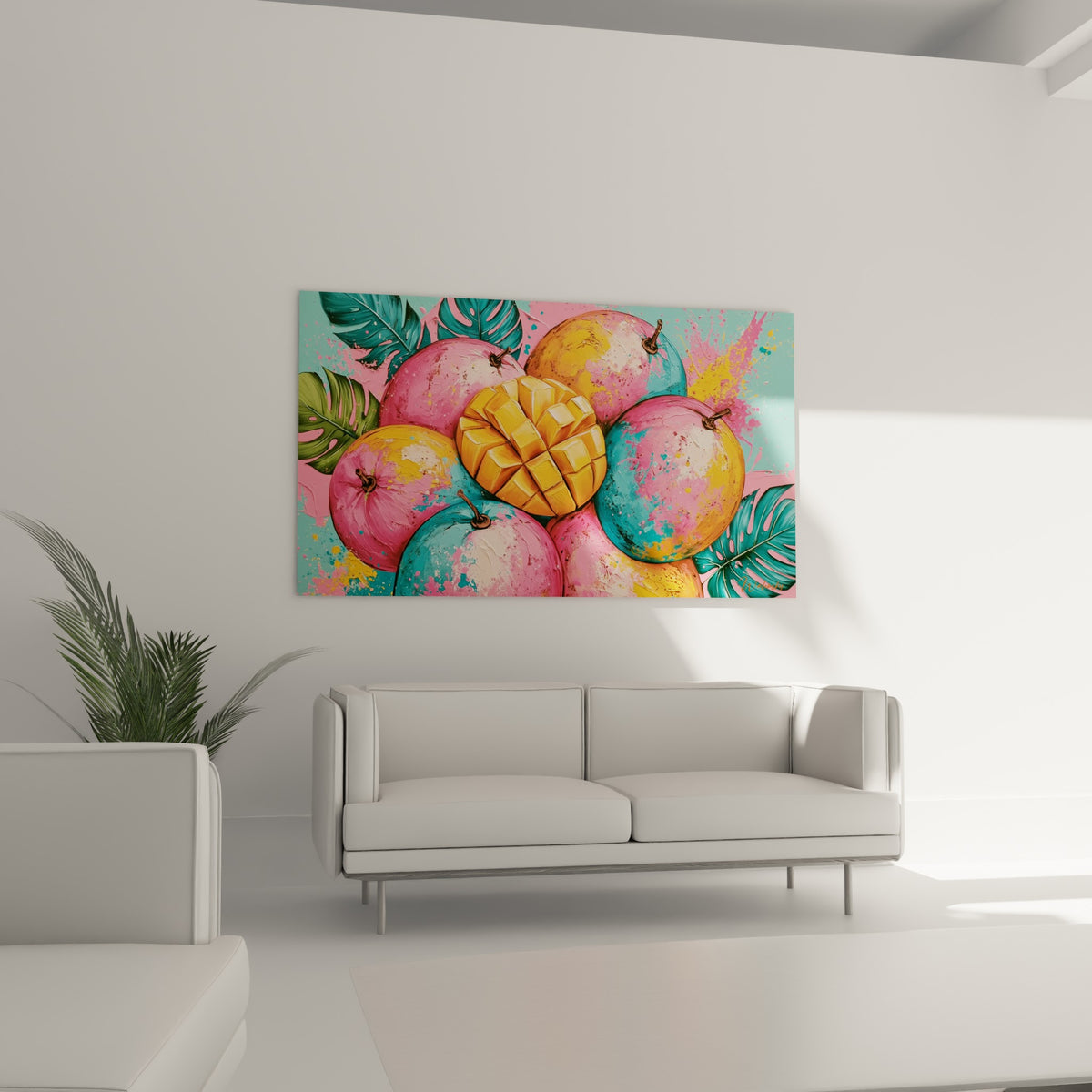Nature morte de mangues turquoise et fuchsia éclaboussées de peinture, au-dessus d'un canapé dans un salon lumineux