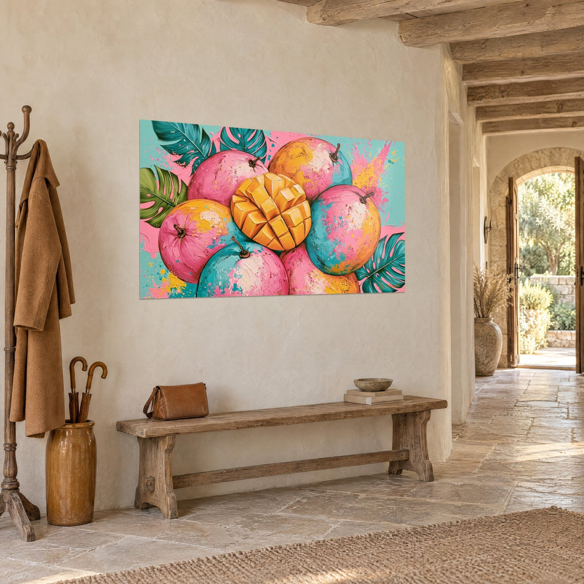 Wall art with thick-textured tropical fruits in bubblegum pink and saffron, green monstera leaves, stone hallway, wooden bench and coat
