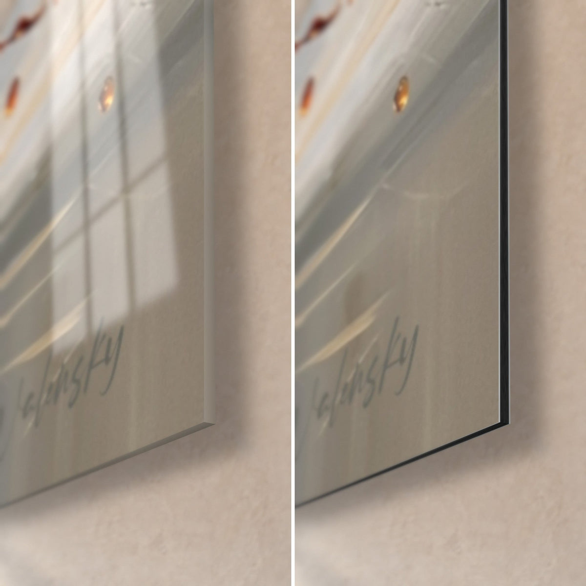 Tableau mangue en cubes, éclats ambre et beige, coin bas droit : verre acrylique brillant à reflets, alu Dibond mat, tranche de 3 mm