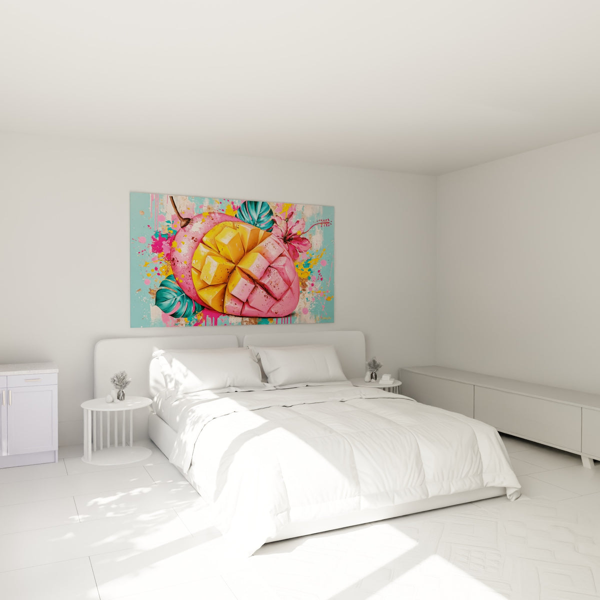 Fruit exotique rose et jaune peint avec relief, accroché au-dessus d'un lit dans une chambre claire