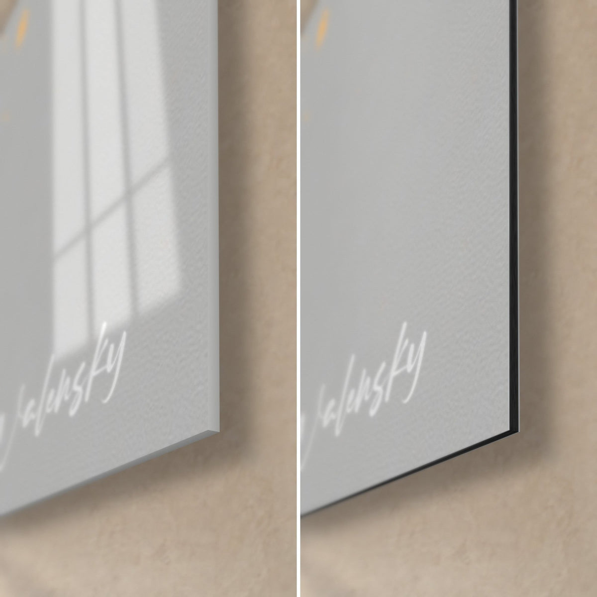 Tableau mangues d'été, coin bas droit : verre acrylique brillant aux reflets à gauche, alu Dibond gris mat à droite, tranche de 3 mm