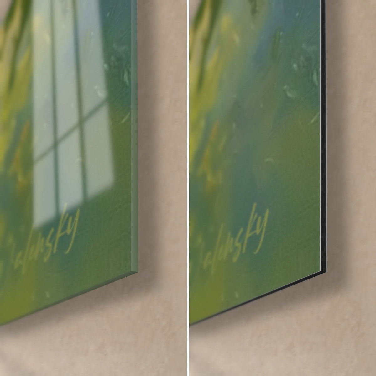 Tableau verger de mangues, coin bas droit en verre brillant vert reflétant la fenêtre et alu Dibond noir mat, tranche de 3 mm