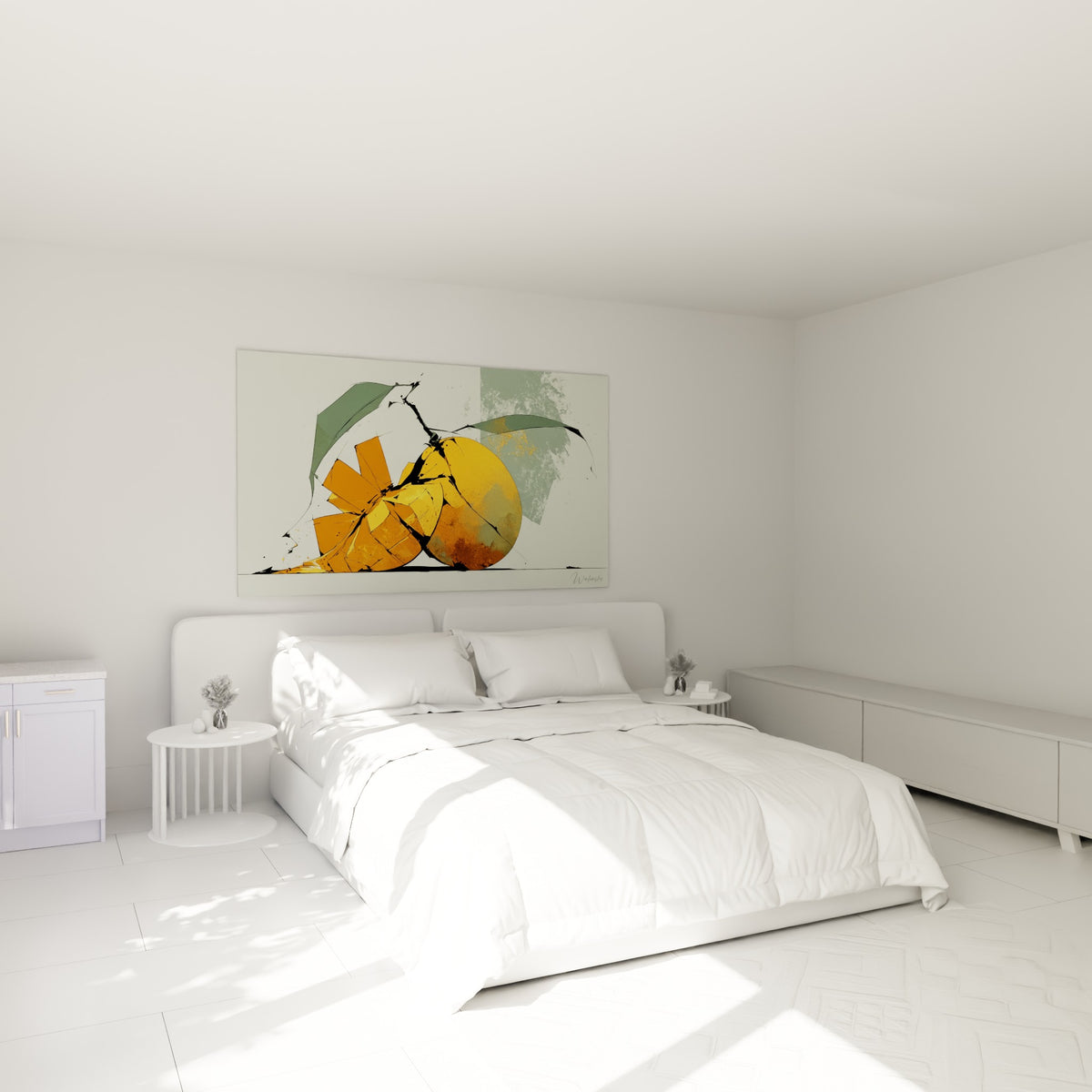 Fruit fragmenté aux tons ocre et vert sauge, accroché au-dessus d'un lit dans une chambre claire