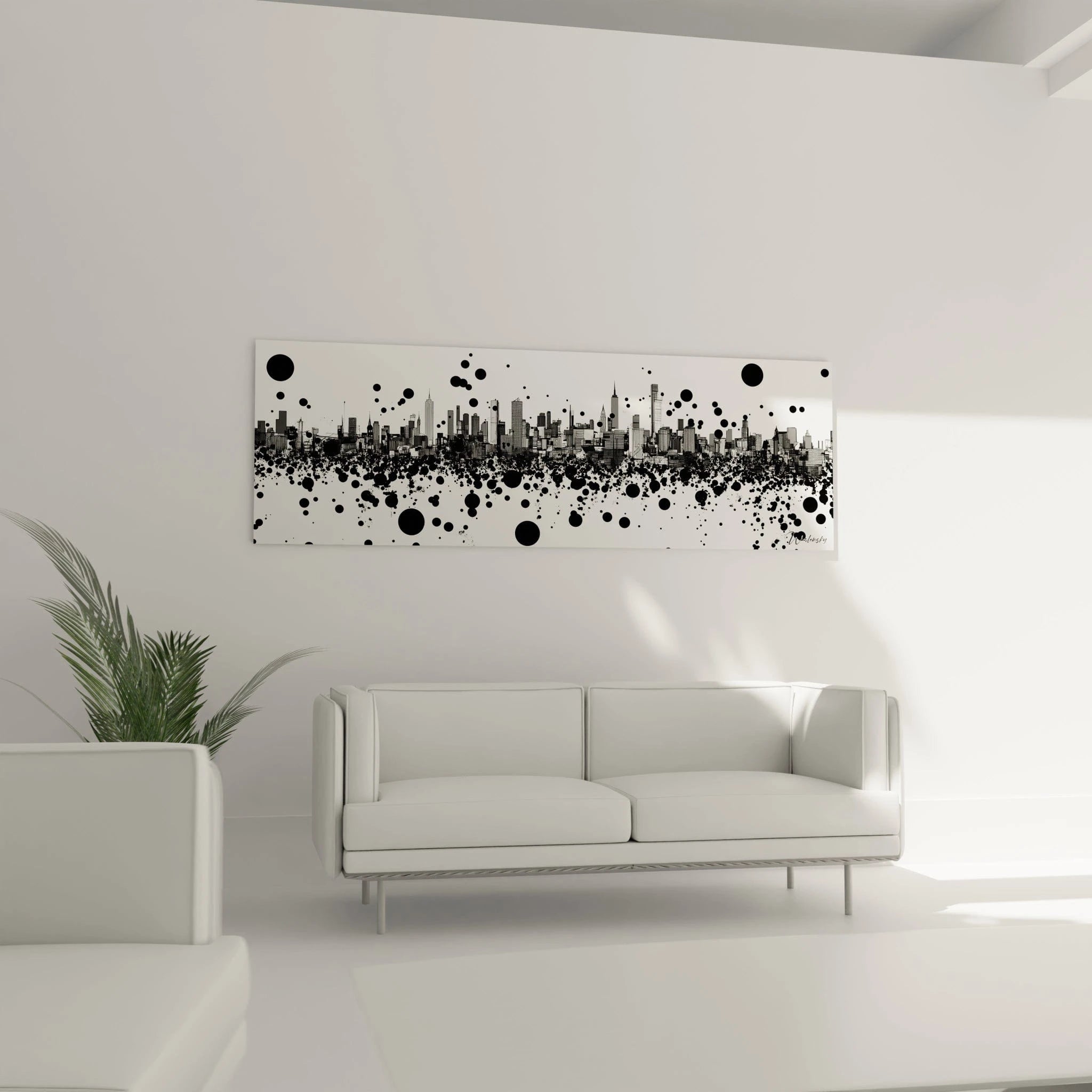 Tableau tacheté noir et blanc de Walensky représentant une ville moderne avec des éclaboussures artistiques