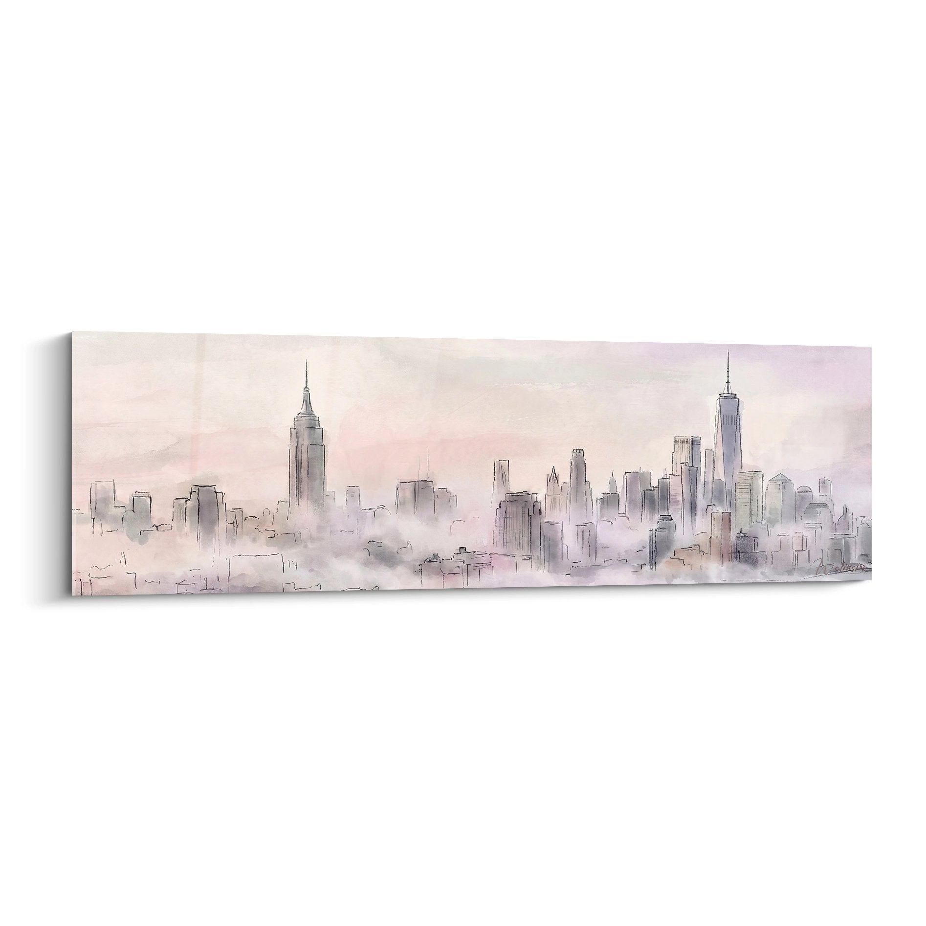 Tableau panoramique Manhattan horizon urbain brumeux tons roses grès silhouettes gratte-ciels vaporeuses art contemporain