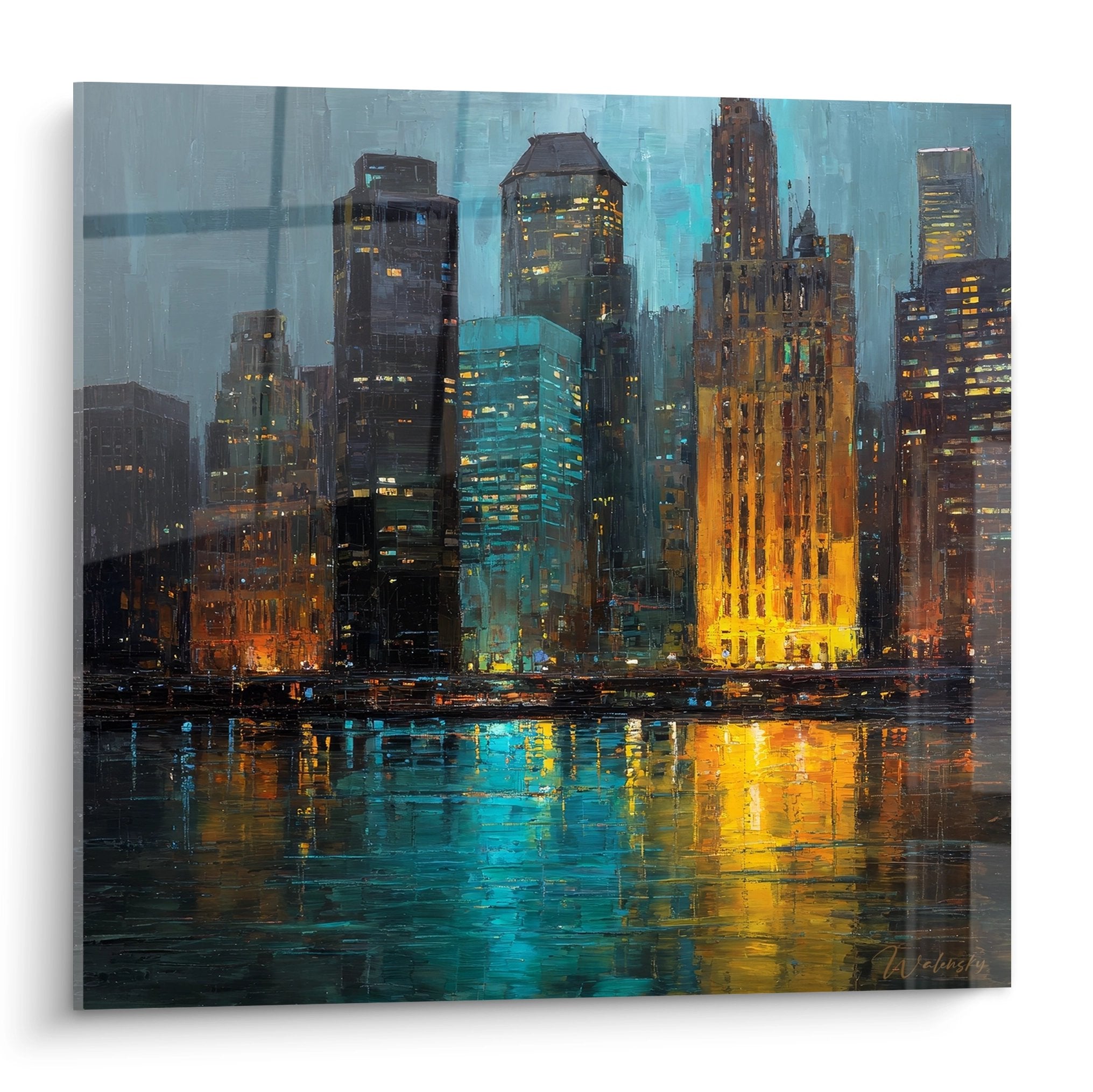 Tableau Manhattan nocturne avec gratte-ciel illuminés et reflets sur l'eau, décoration murale New York