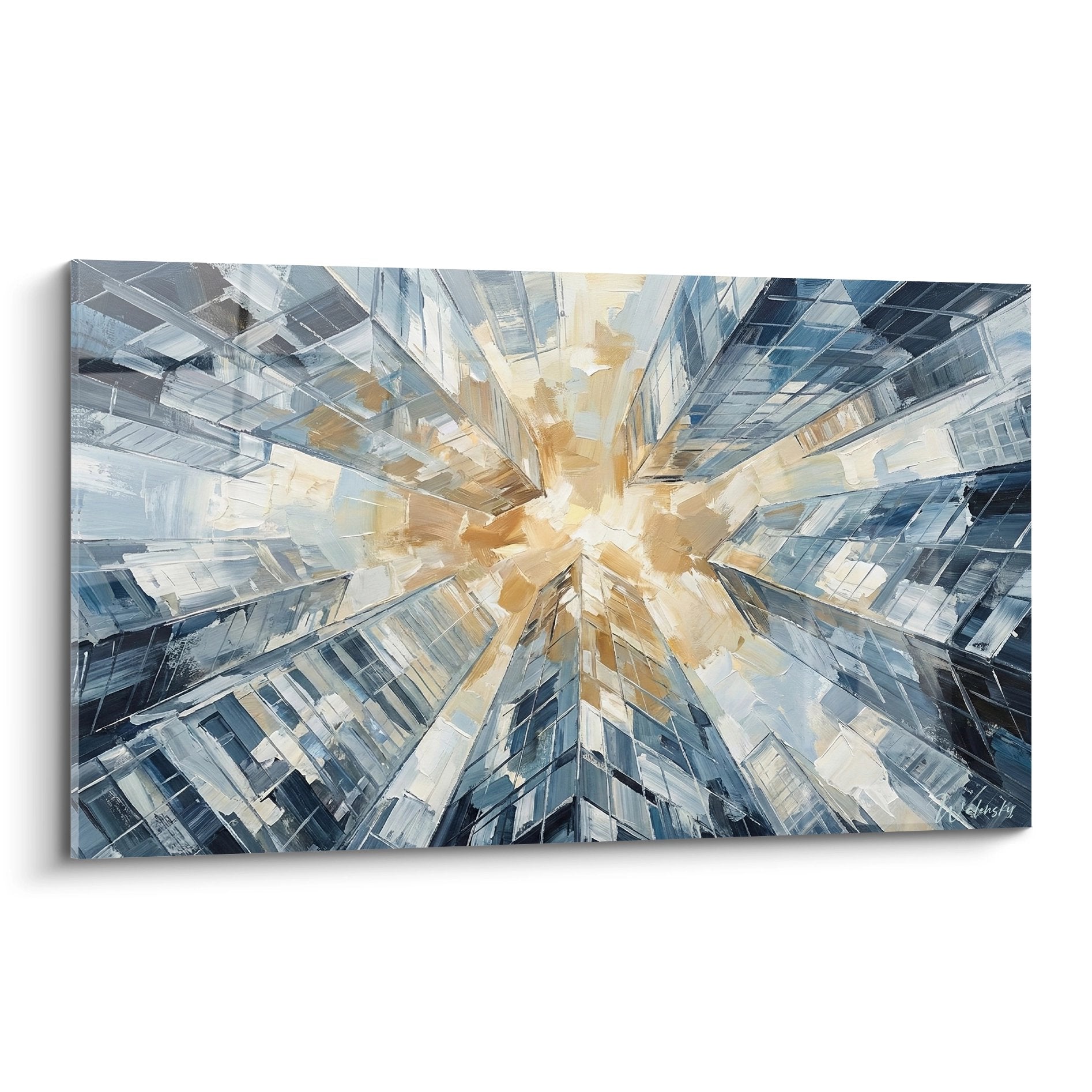 Tableau perspective urbaine Manhattan gratte-ciels bleus dorés vue plongeante architecture moderne