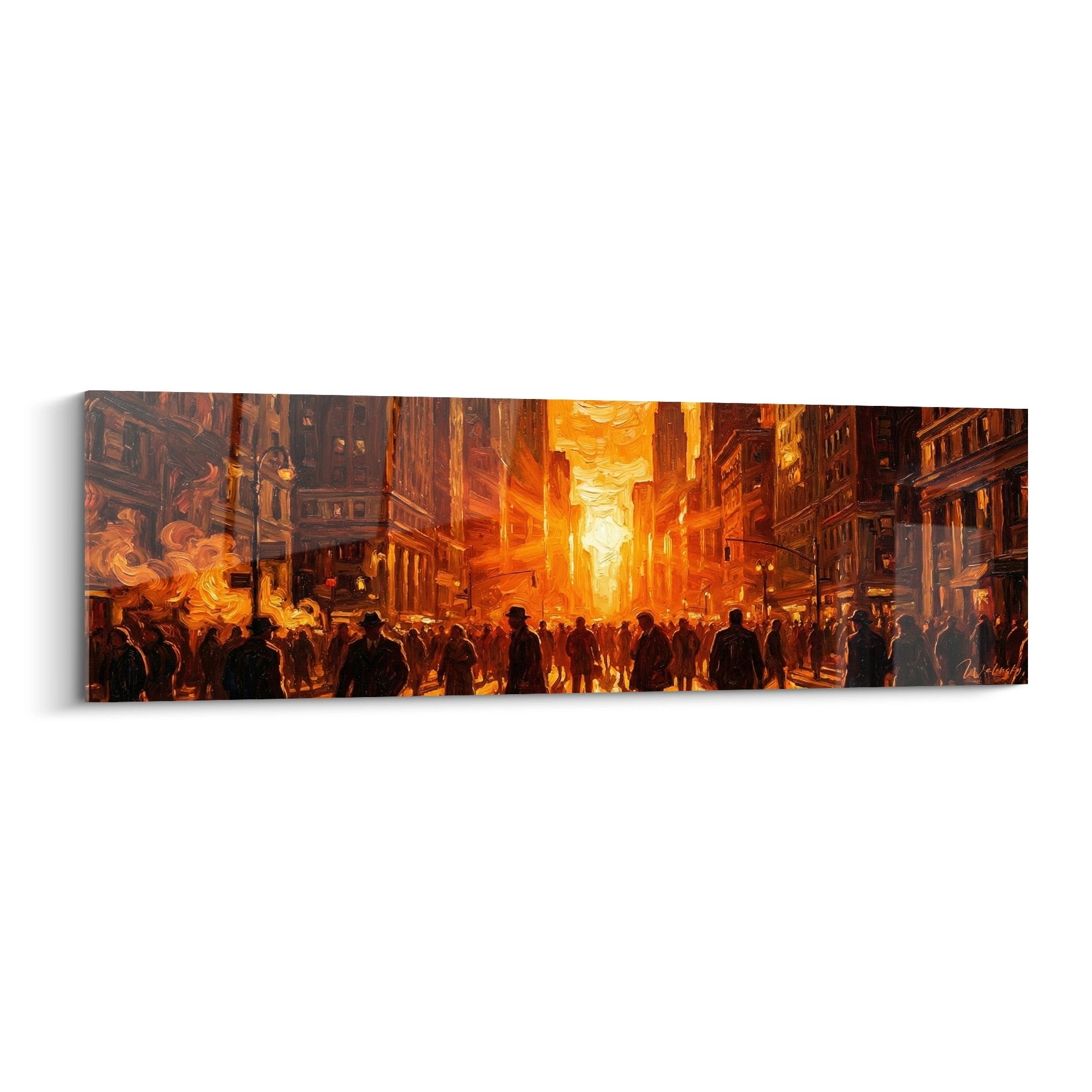 Tableau Manhattan rue urbaine dorée coucher soleil foule silhouettes gratte-ciel architecture new-yorkaise