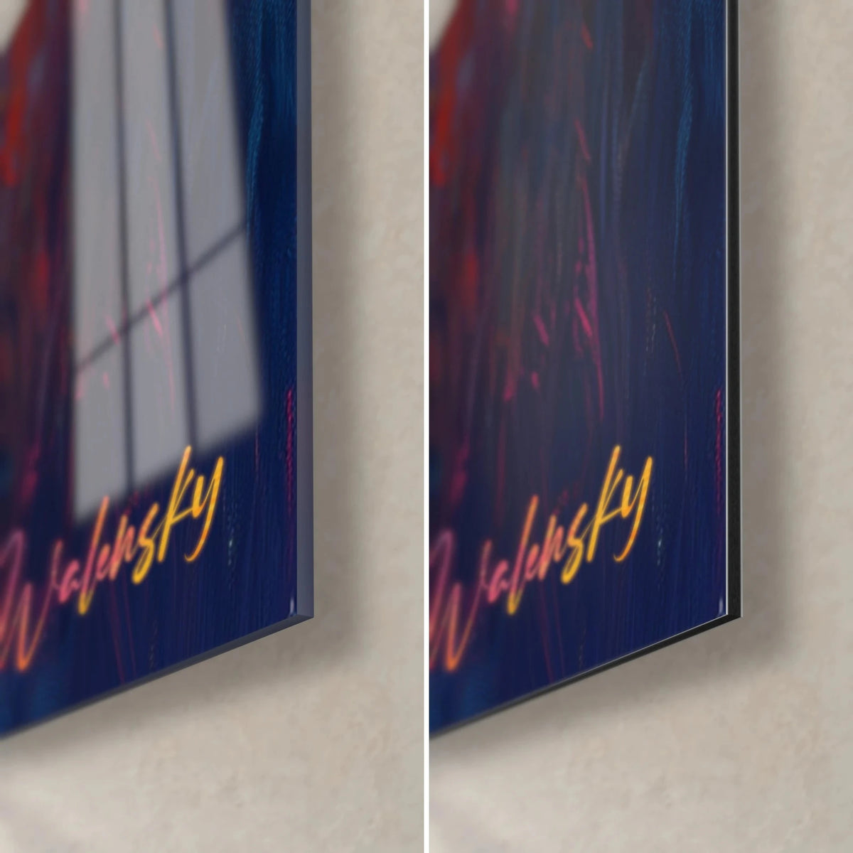 Wall art marsh sunset, bottom right corner: glossy glass reflecting a window on the left, matte midnight blue Dibond and gold signature on the right