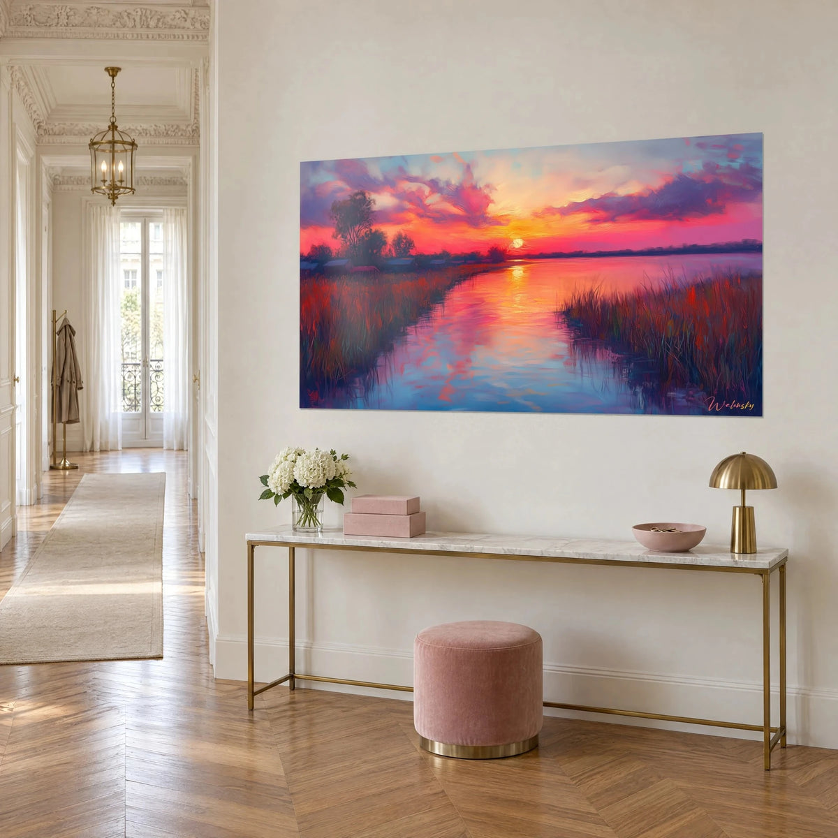 Wall art lagoon at dusk, orange and violet reflections on calm water, cabins and dark trees on the left, three-quarter view on a white wall