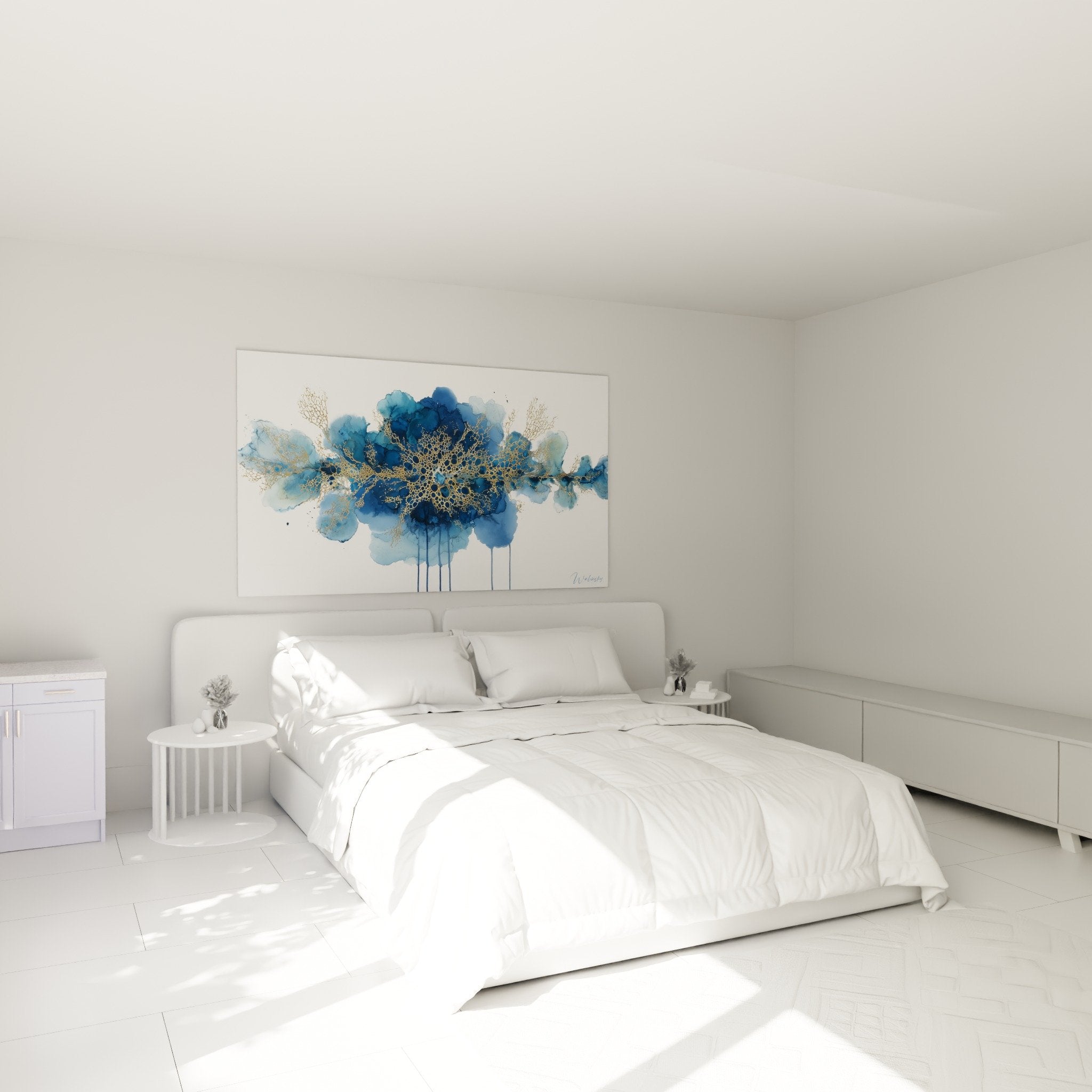 tableau marbre abstrait bleu chambre decoration murale moderne coraux dores ambiance apaisante