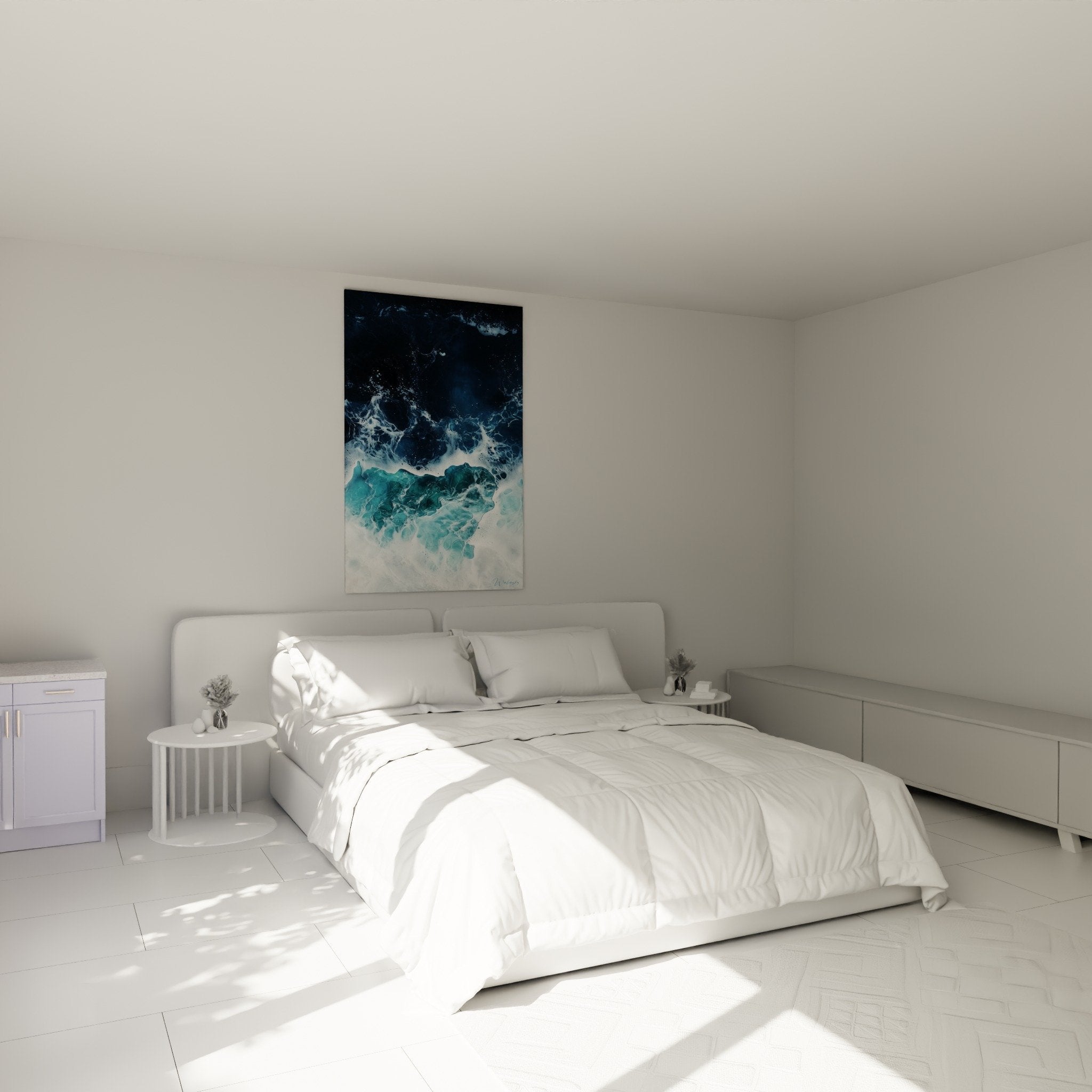 Tableau marbre abstrait bleu marine dans chambre moderne avec décoration contemporaine élégante