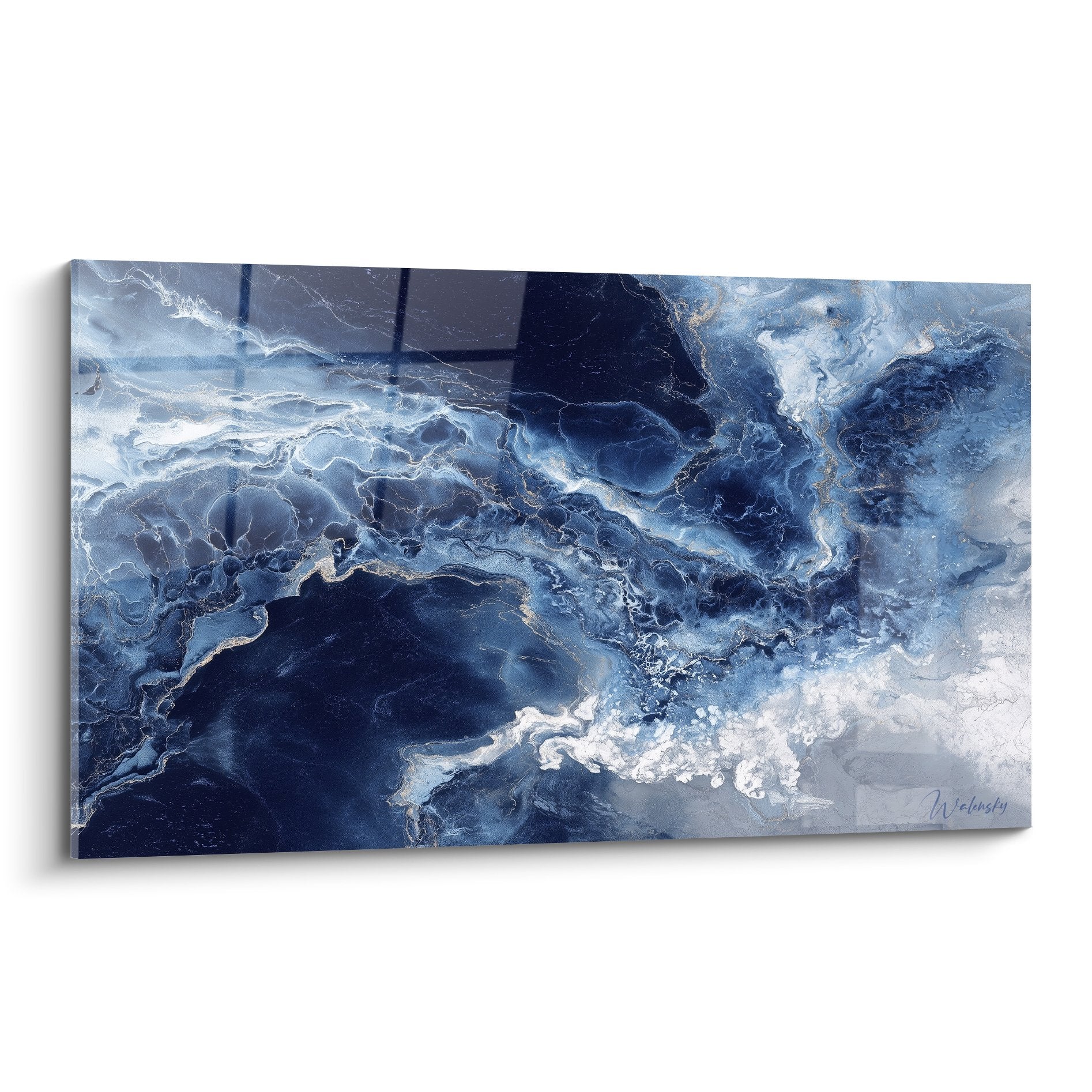 Abstract blue marble canvas with fluid golden veins contemporary style