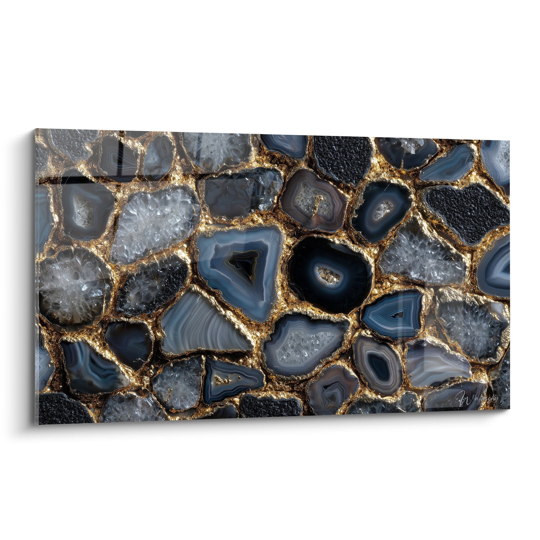 tableau marbre abstrait bleu et or veines dorees motifs mineraux composition geometrique elegant