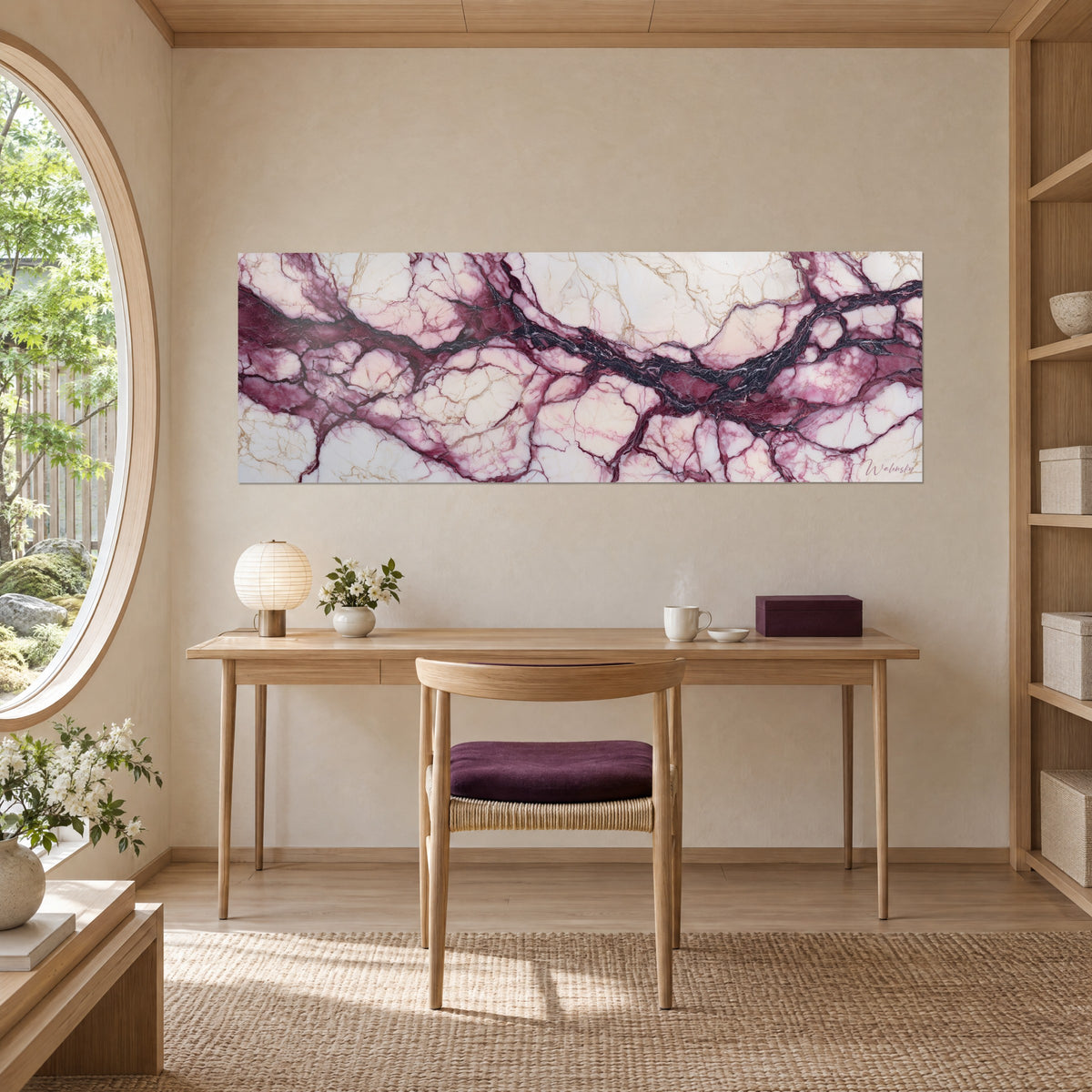 Cuadro de fresco mineral rosa y negro con filetes dorados, sobre un escritorio de roble y una silla color ciruela