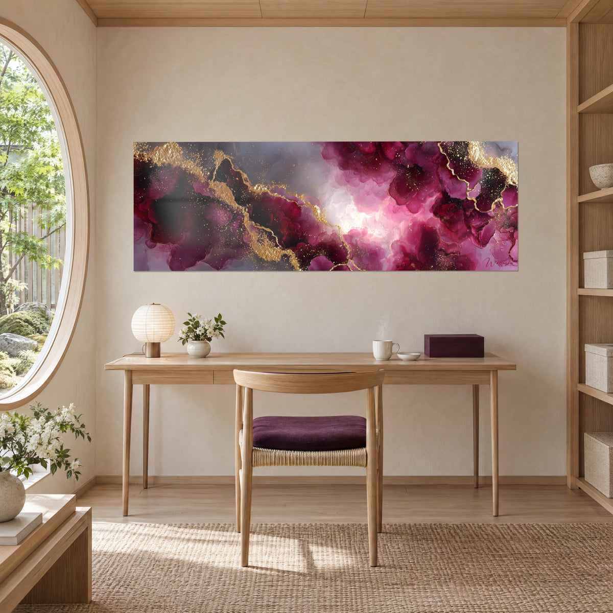 Schilderij van inktbloemen in wijnrood en roze wolken, gouden stof, hangend boven een lichte eikenhouten bureau