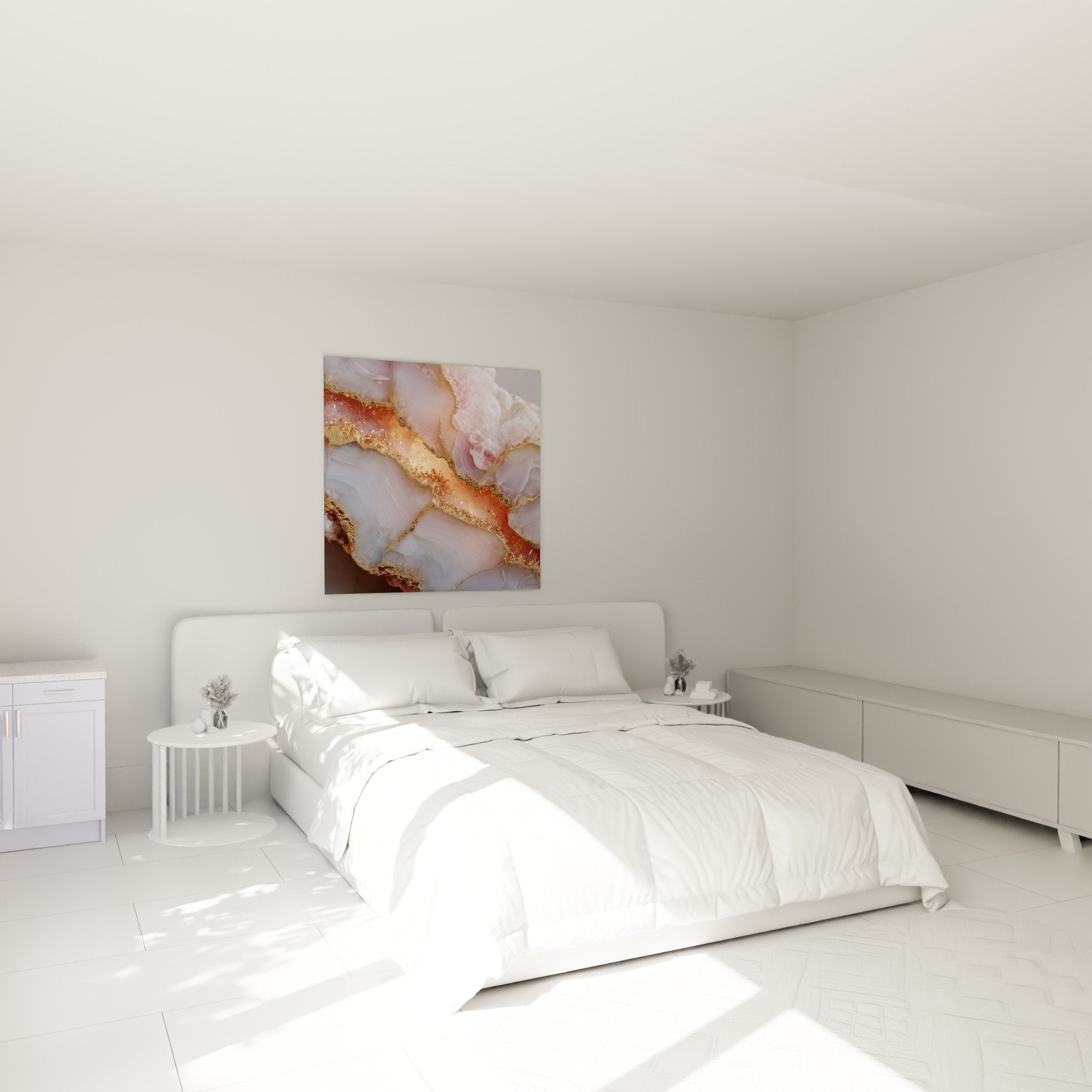 Tableau marbre abstrait doré rose dans chambre moderne décoration murale élégante ambiance cocooning