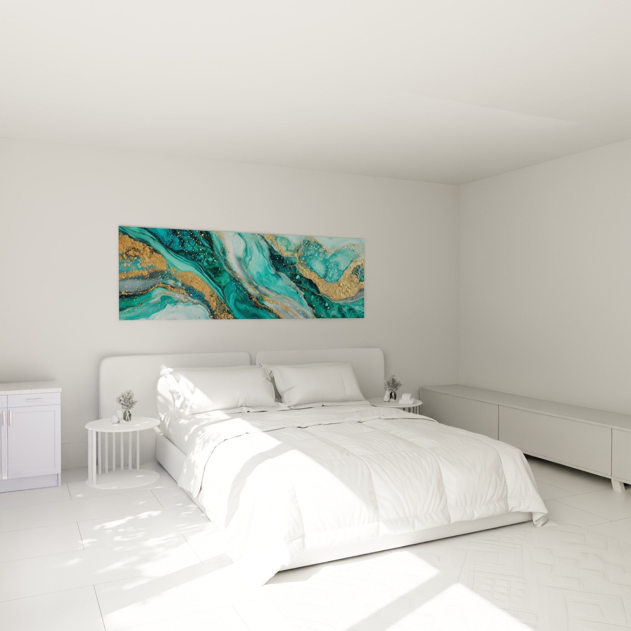 Abstract turquoise and gold marble canvas in modern bedroom with calming atmosphere wall art decoration