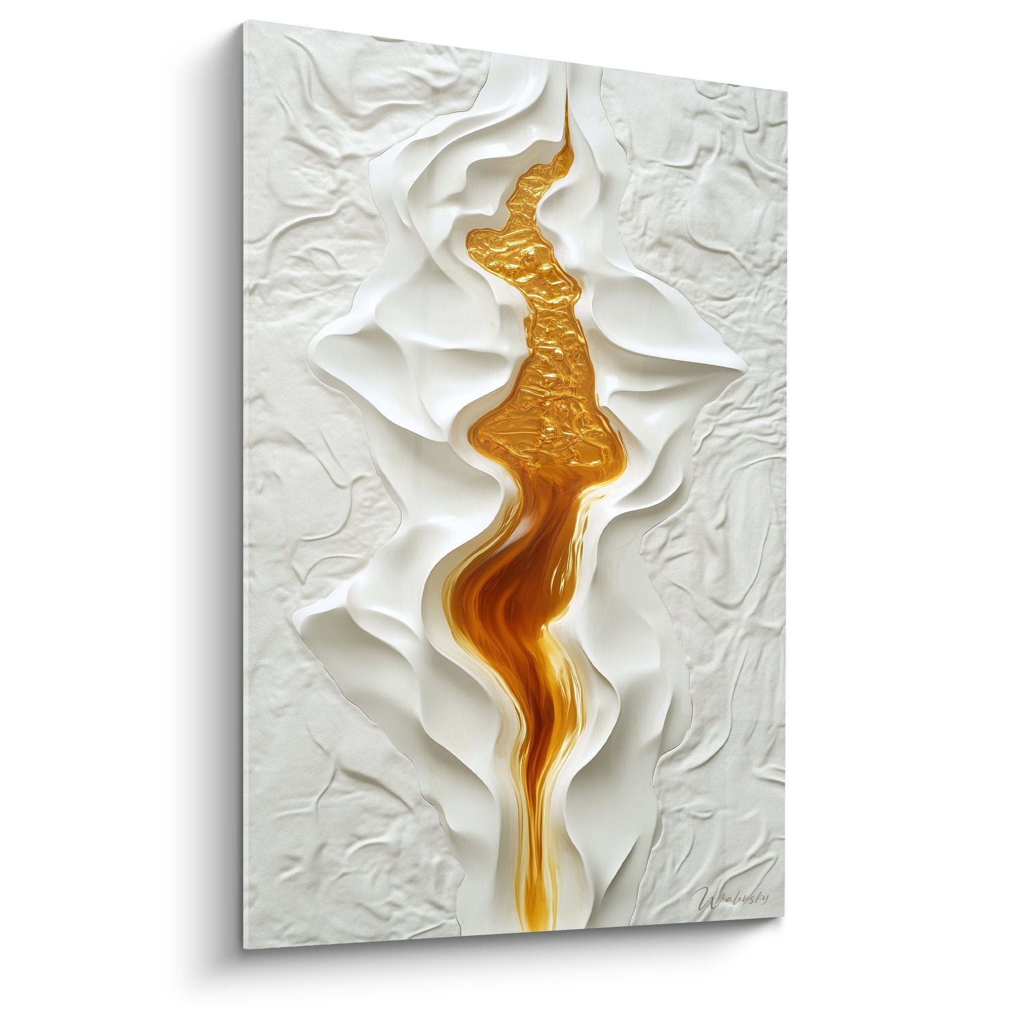 Tableau marbre abstrait coulée dorée ondulante sur relief blanc texturé décoration murale contemporaine