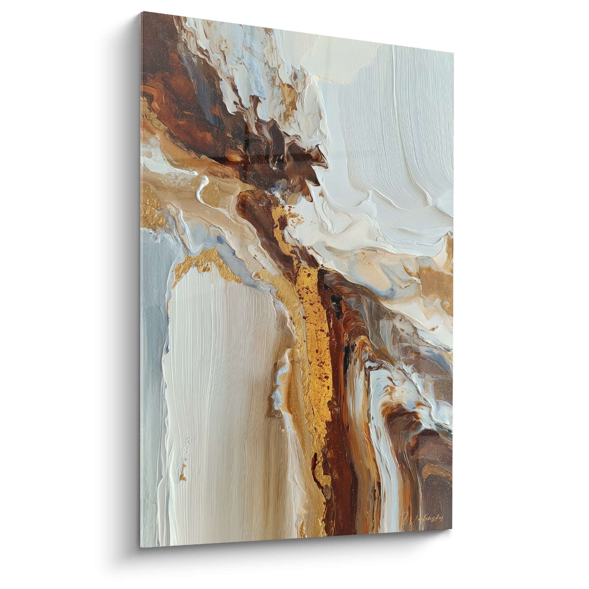Tableau marbre abstrait coulées fluides ocre doré blanc nacré composition moderne décorative murale
