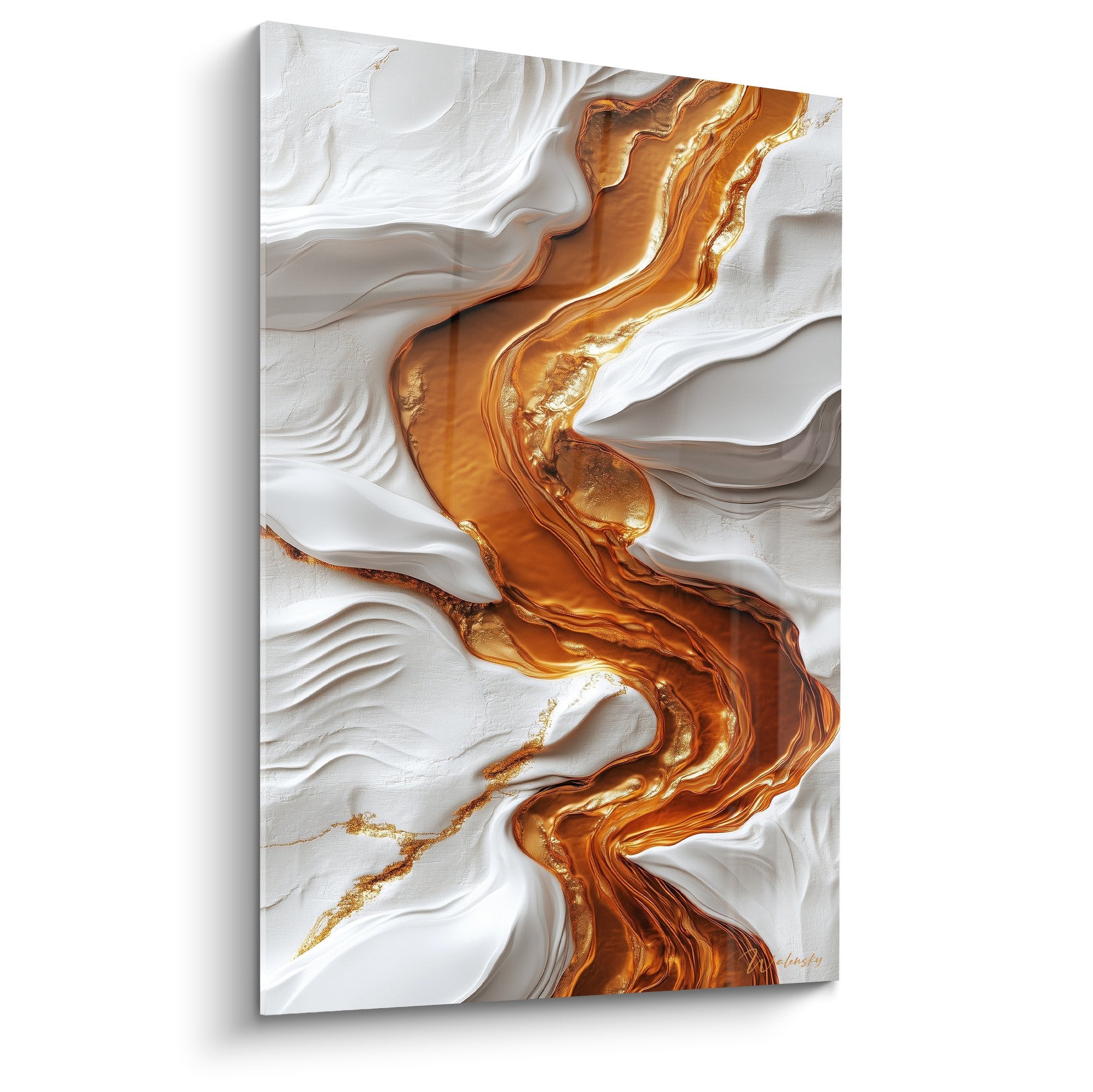 Tableau marbre abstrait aux fluides cuivrés et blancs sculptés en relief sur toile moderne