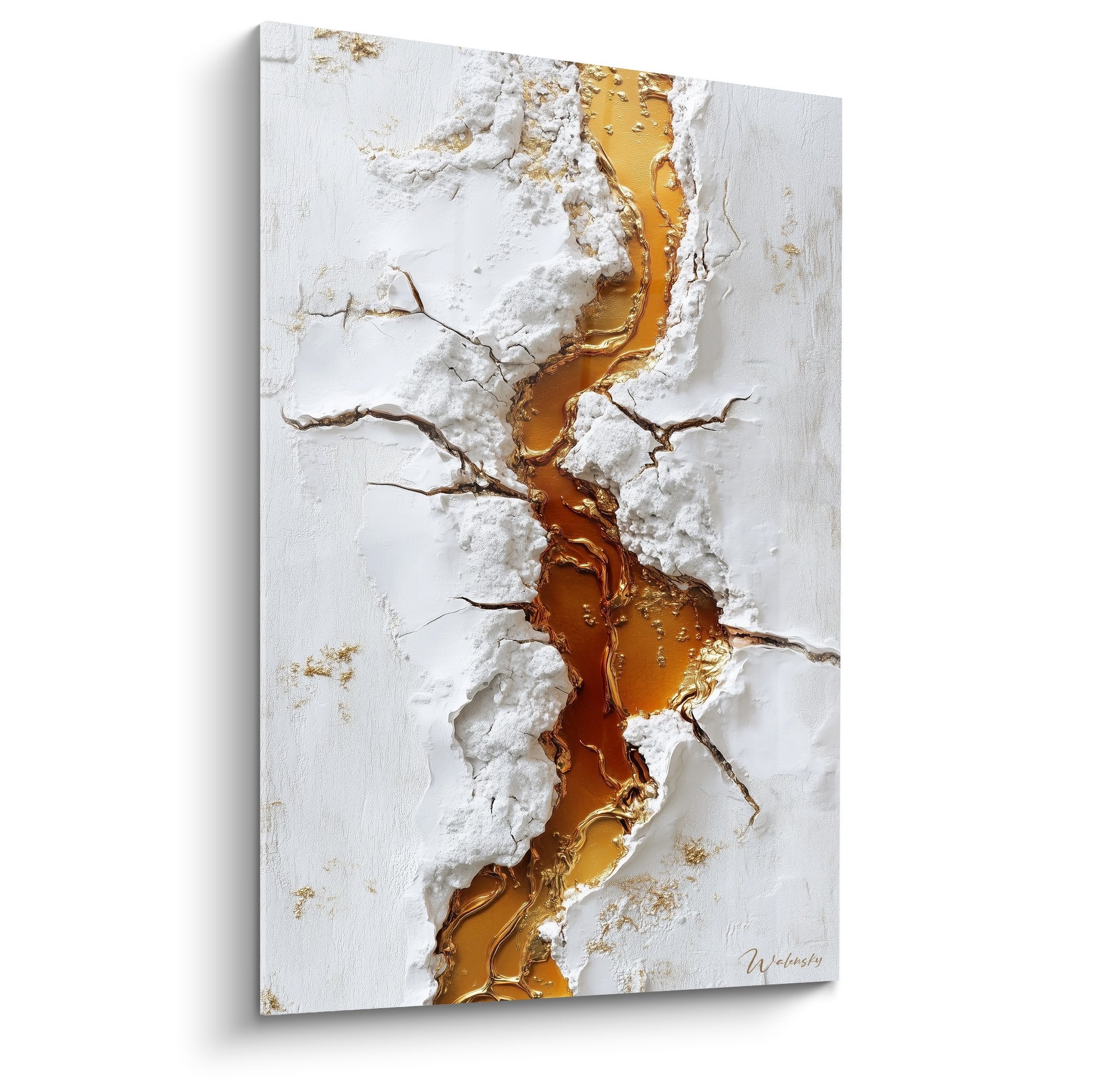 Tableau abstrait fissure dorée traversant surface blanche texturée reliefs sculpturaux marbre contemporain
