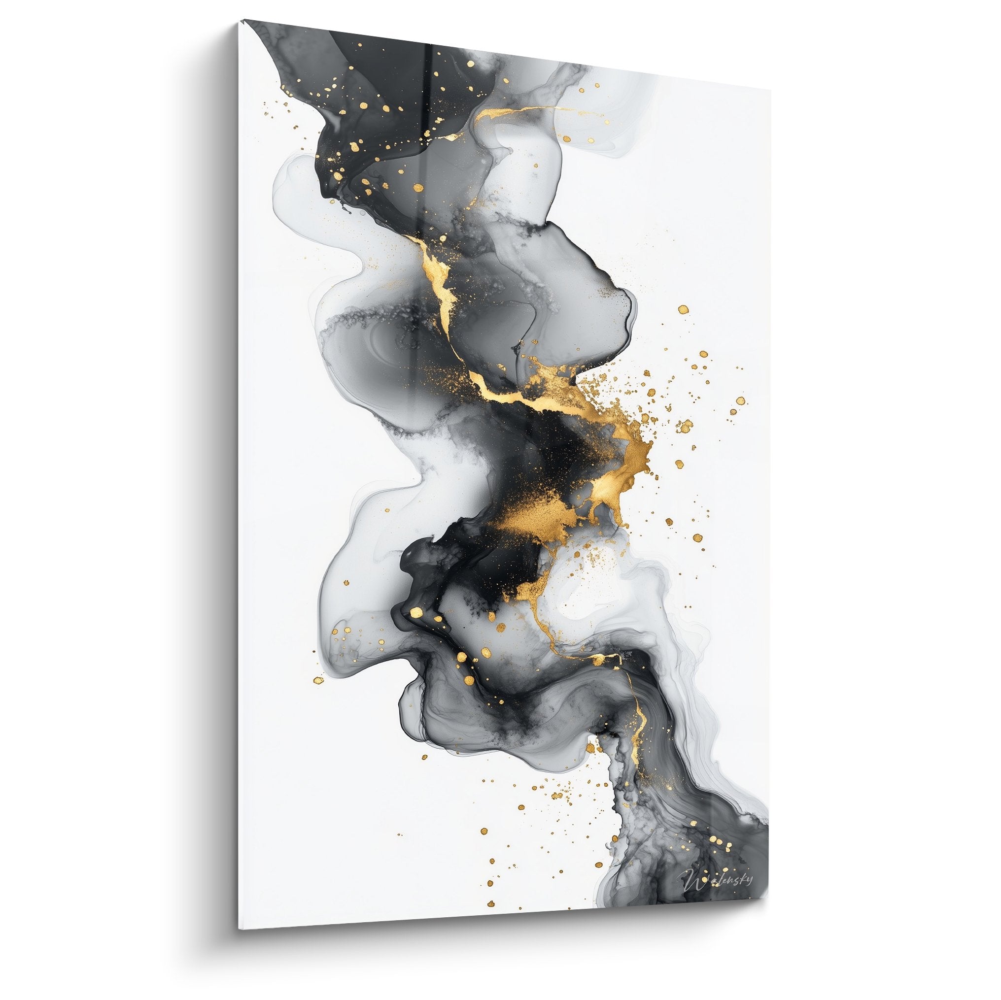 Tableau marbre abstrait nuances grises et dorées, formes organiques fluides, art mural contemporain élégant