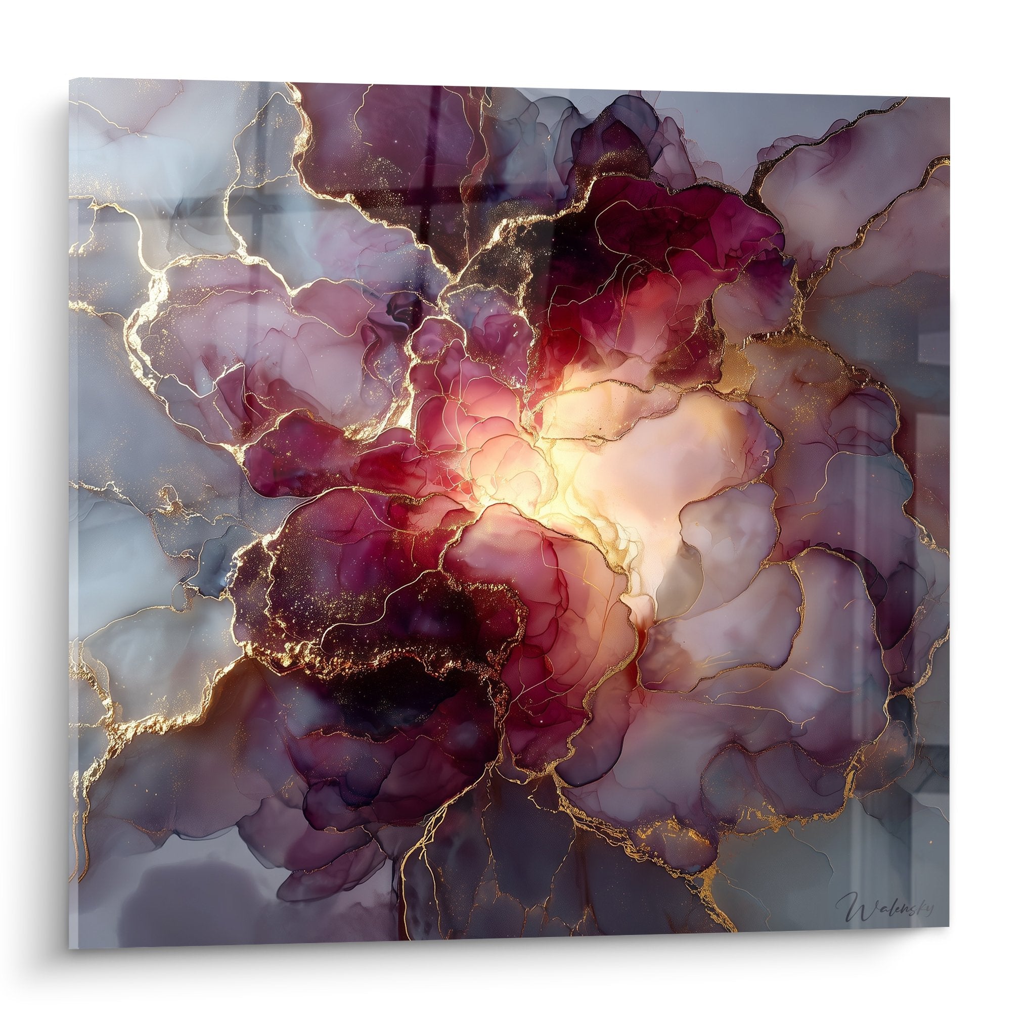 Tableau marbre abstrait nuages pourpres veines dorees composition artistique moderne decoration murale
