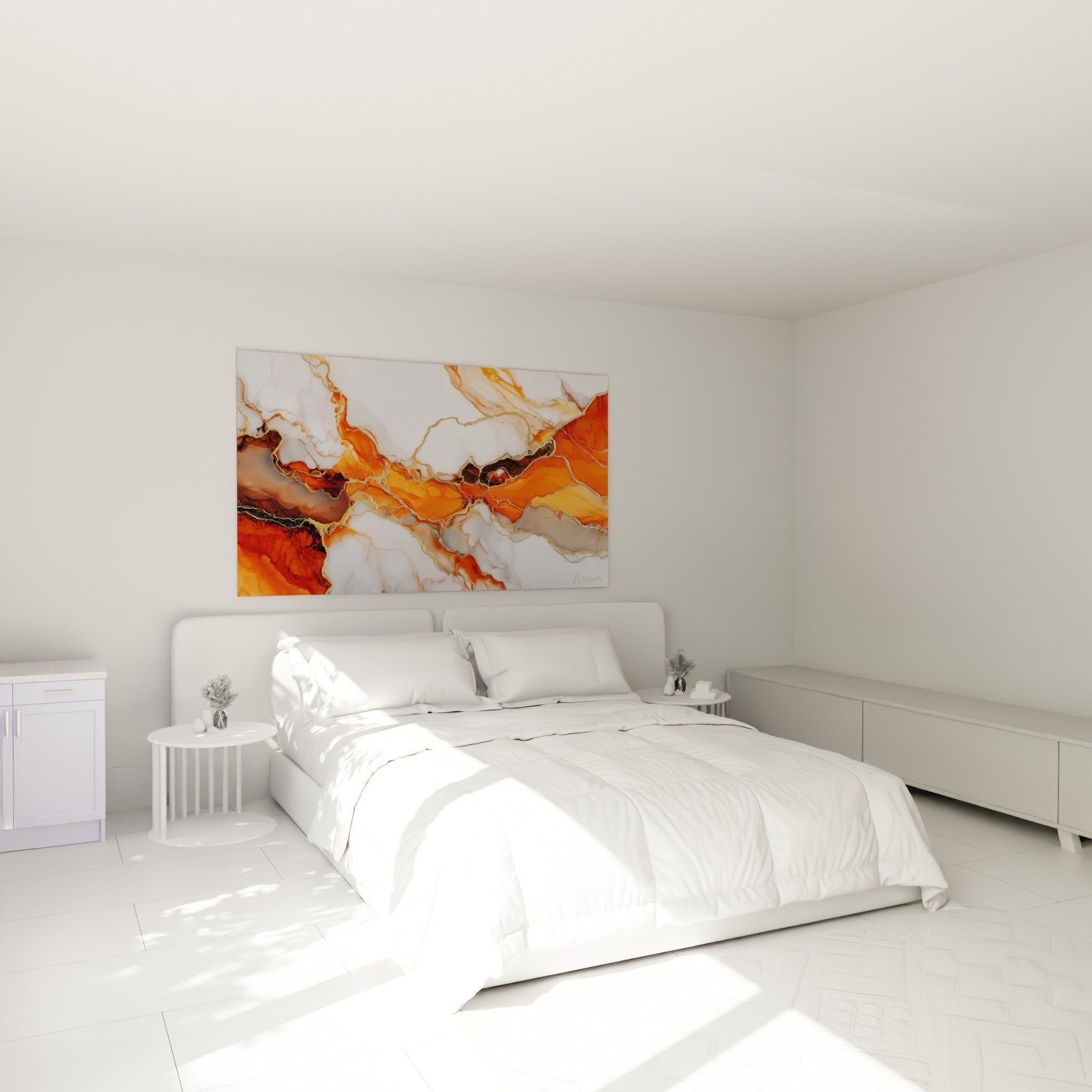 Abstract marble painting orange bedroom wall decor fluid contemporary art