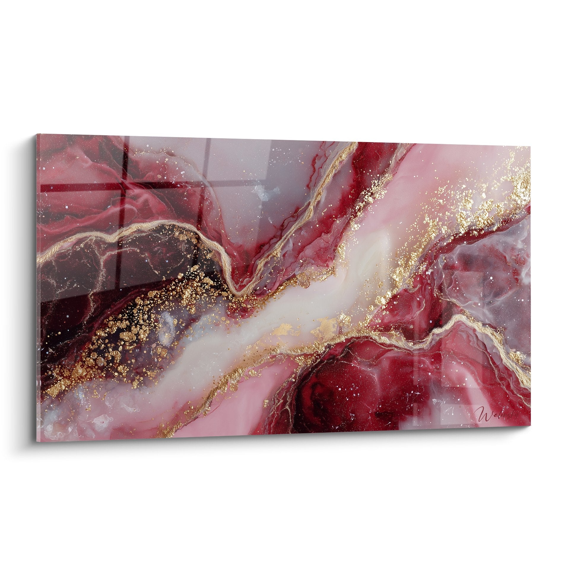 Tableau marbre abstrait aux veines rouge bordeaux et filaments dorés sur fond nacré avec inclusions cristallines