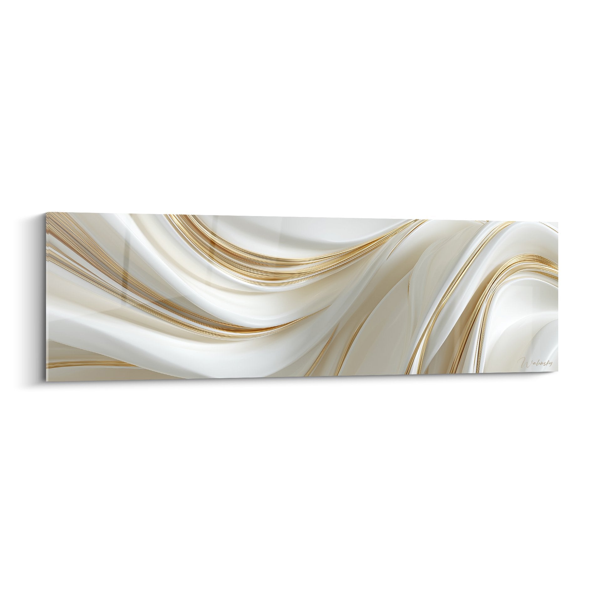 Tableau marbre abstrait panoramique aux tourbillons dorés et veines nacrées sur fond beige lumineux