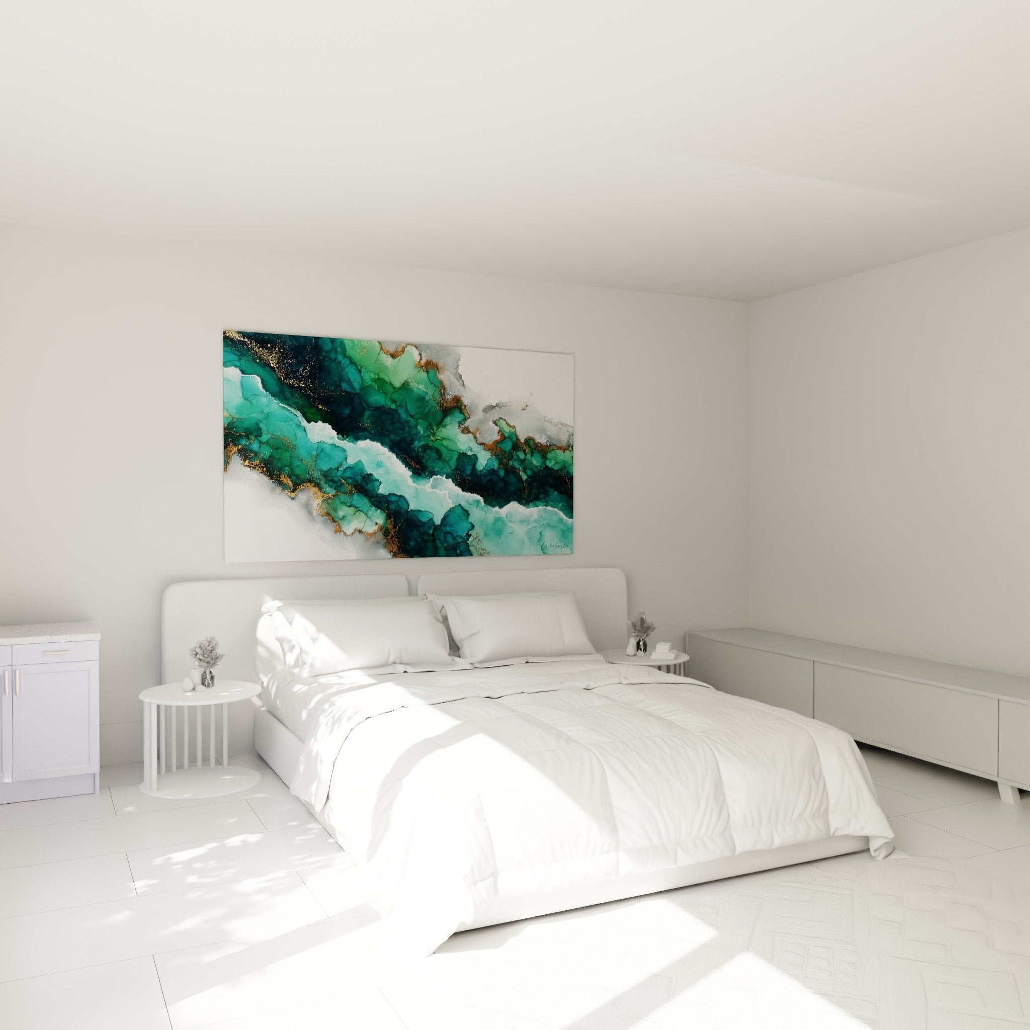 Tableau marbre abstrait turquoise et or dans chambre moderne decoration murale elegante