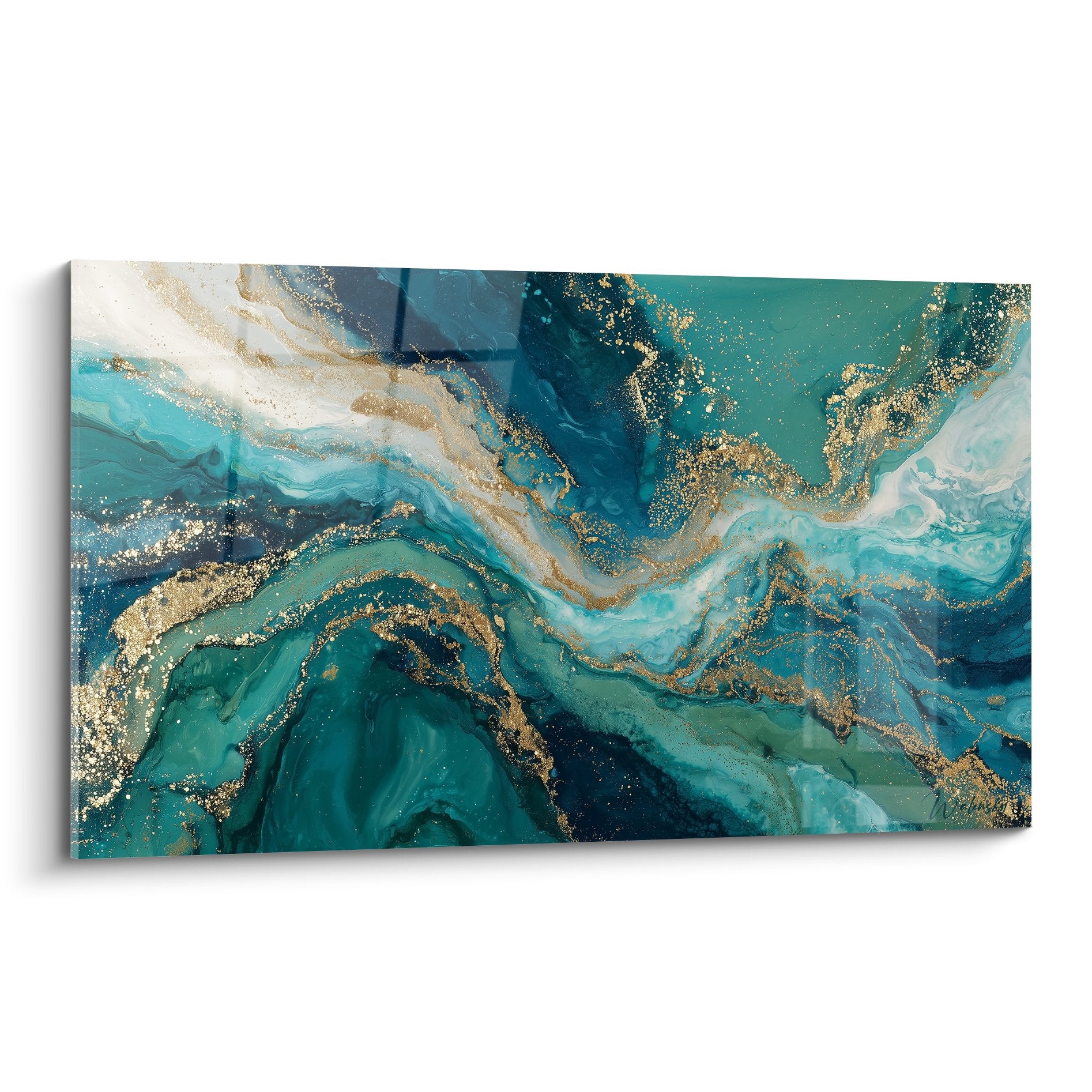 Tableau mural marbre abstrait turquoise et or avec veines dorées scintillantes et mouvements fluides aquatiques