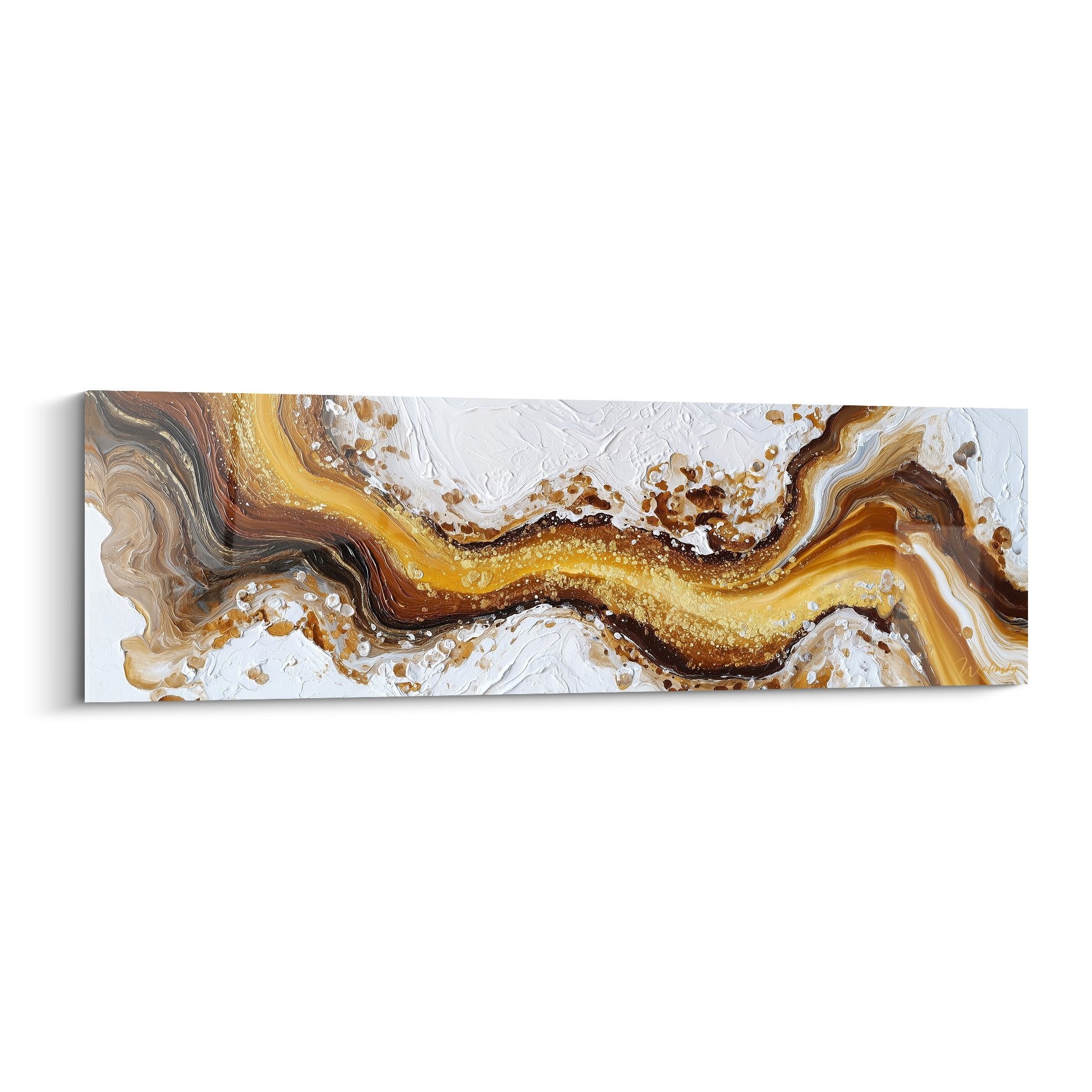 Abstract painting with fluid golden and white waves with pearlescent reflections for modern interior decoration