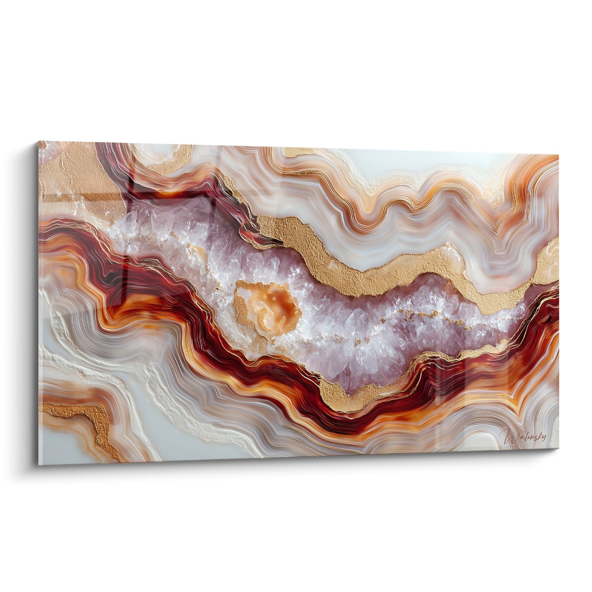 Tableau marbre abstrait veines dorées cristaux améthyste agate bordeaux blanc orangé géologique décoratif