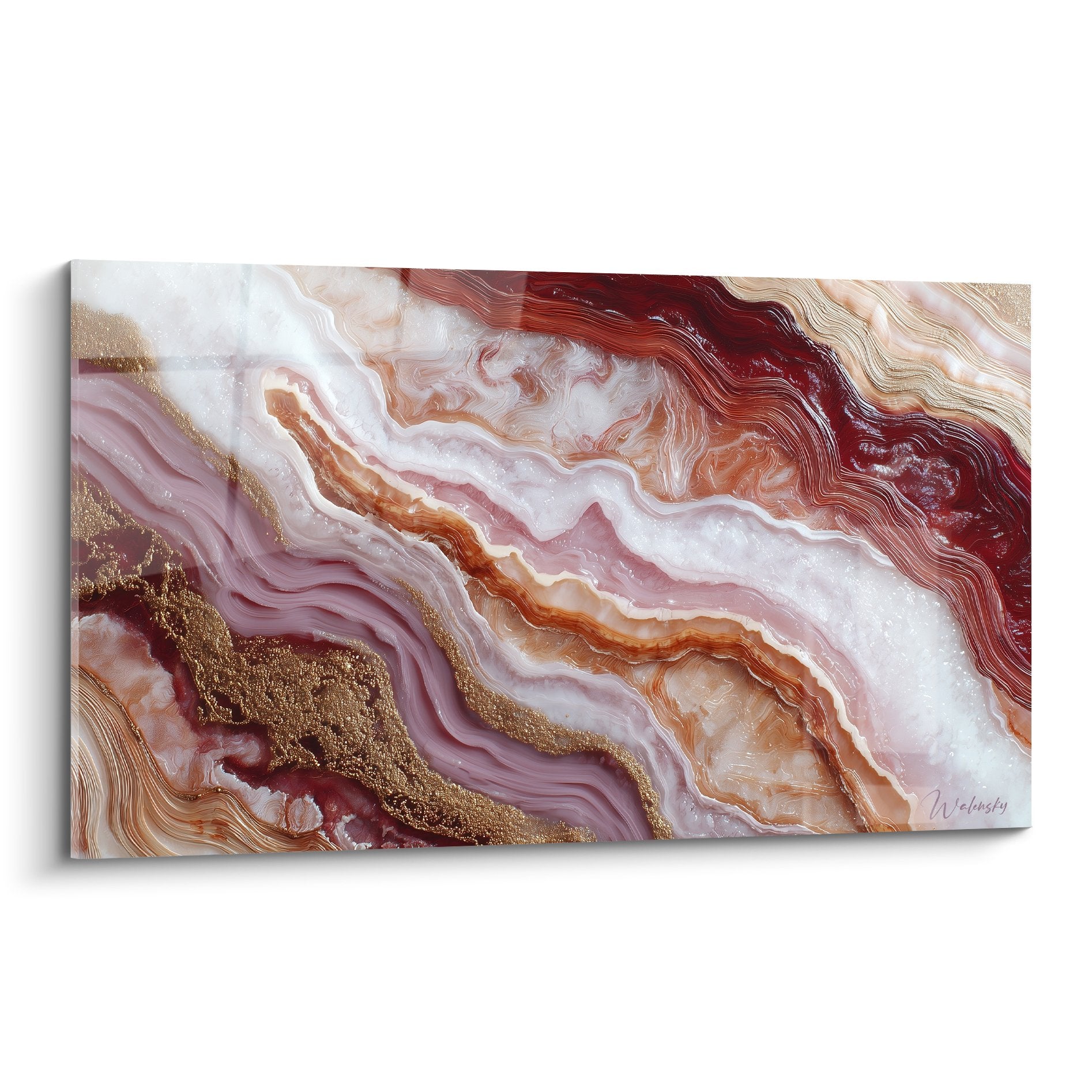 Tableau marbre abstrait veines dorees fluides bordeaux blanc rose composition minerale elegante