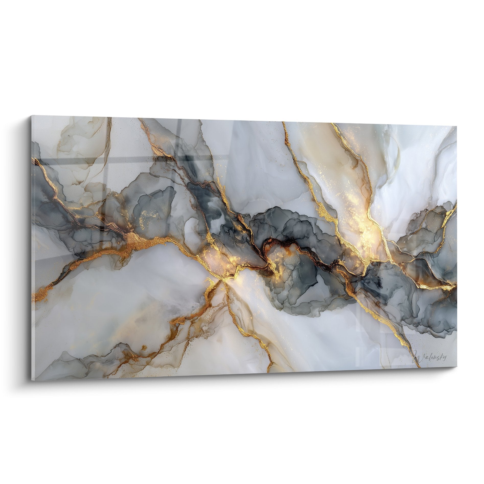 Abstract marble painting golden veins gray white mother-of-pearl wall art elegant mineral decor contemporary decoration