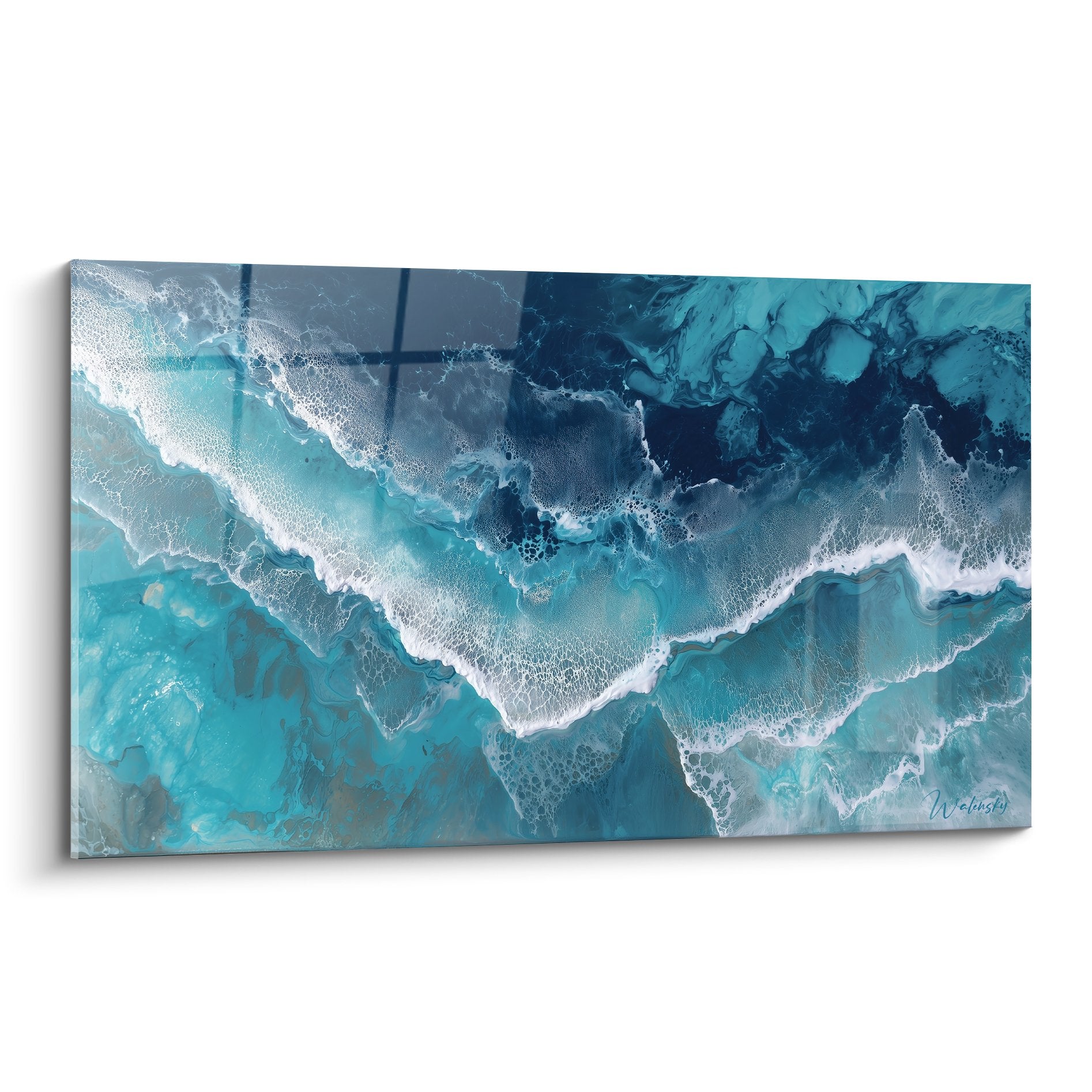 Tableau marbre abstrait veines turquoise et blanches effets cristallins nacres lumineux