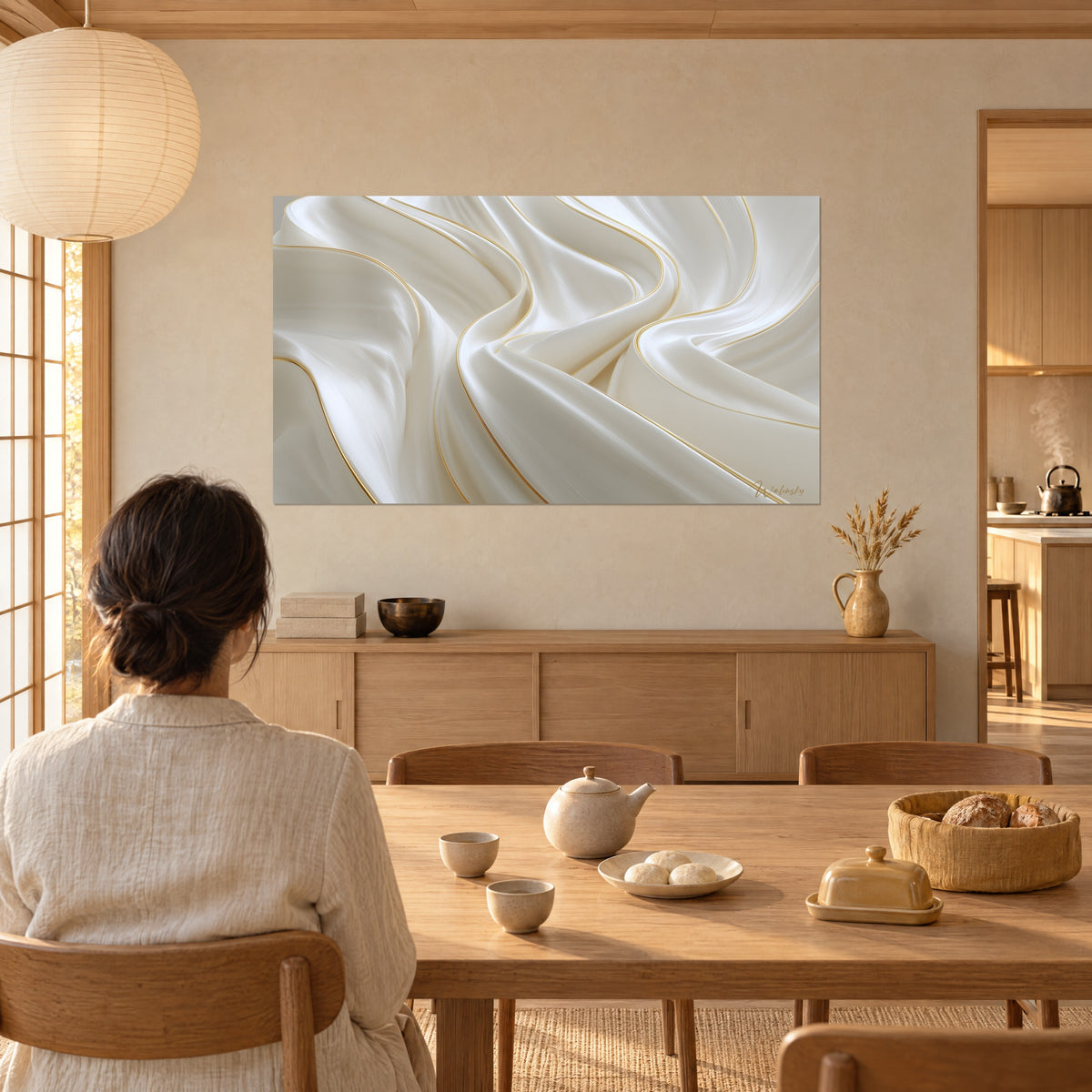 Schilderij golven van parelmoerzijde en kronkelende gouden draden, vrouw met losse knot van achteren aan een houten tafel, crèmekleurige muur en glazen schuifdeur