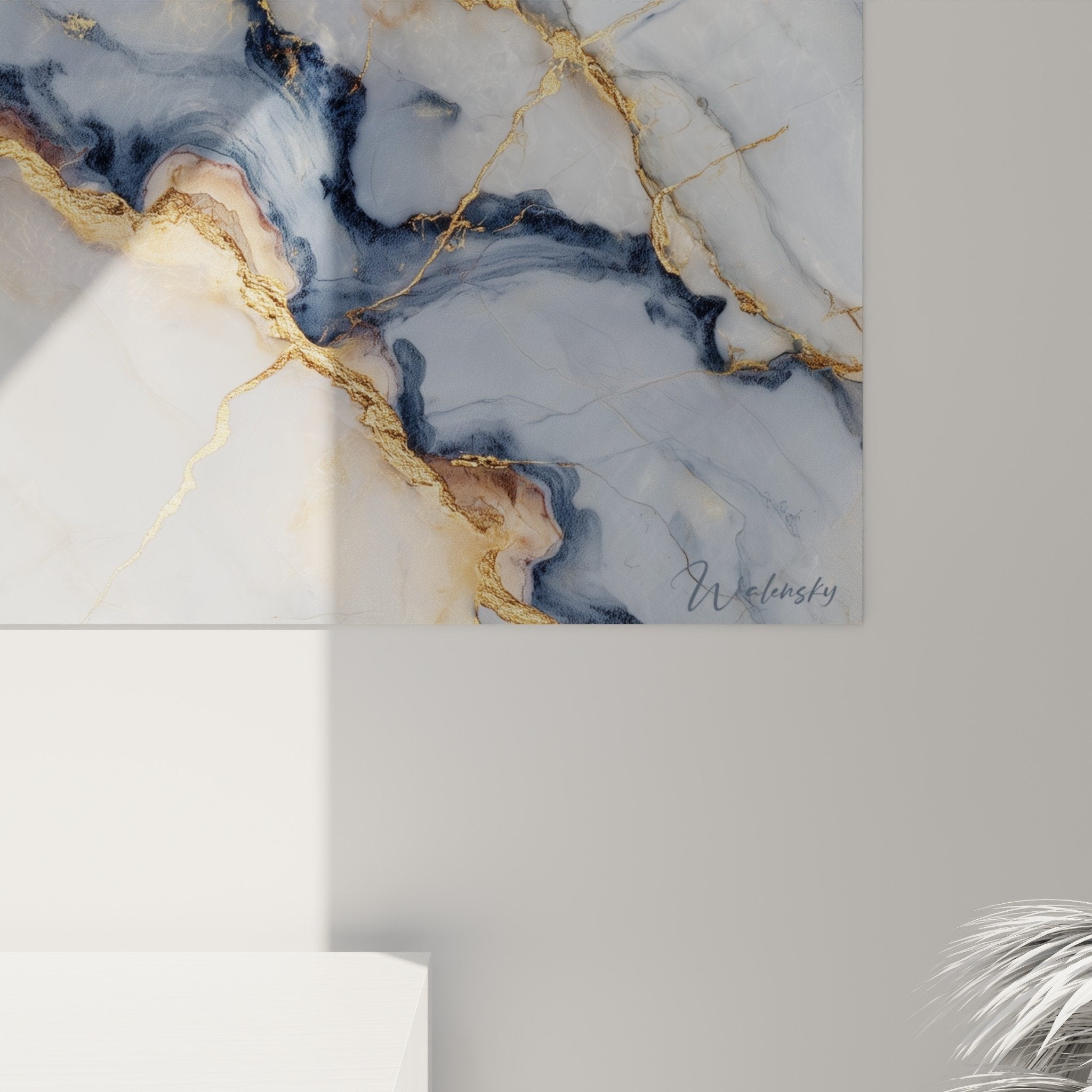 Overview of abstract blue and gold marble wall art in elegant contemporary interior