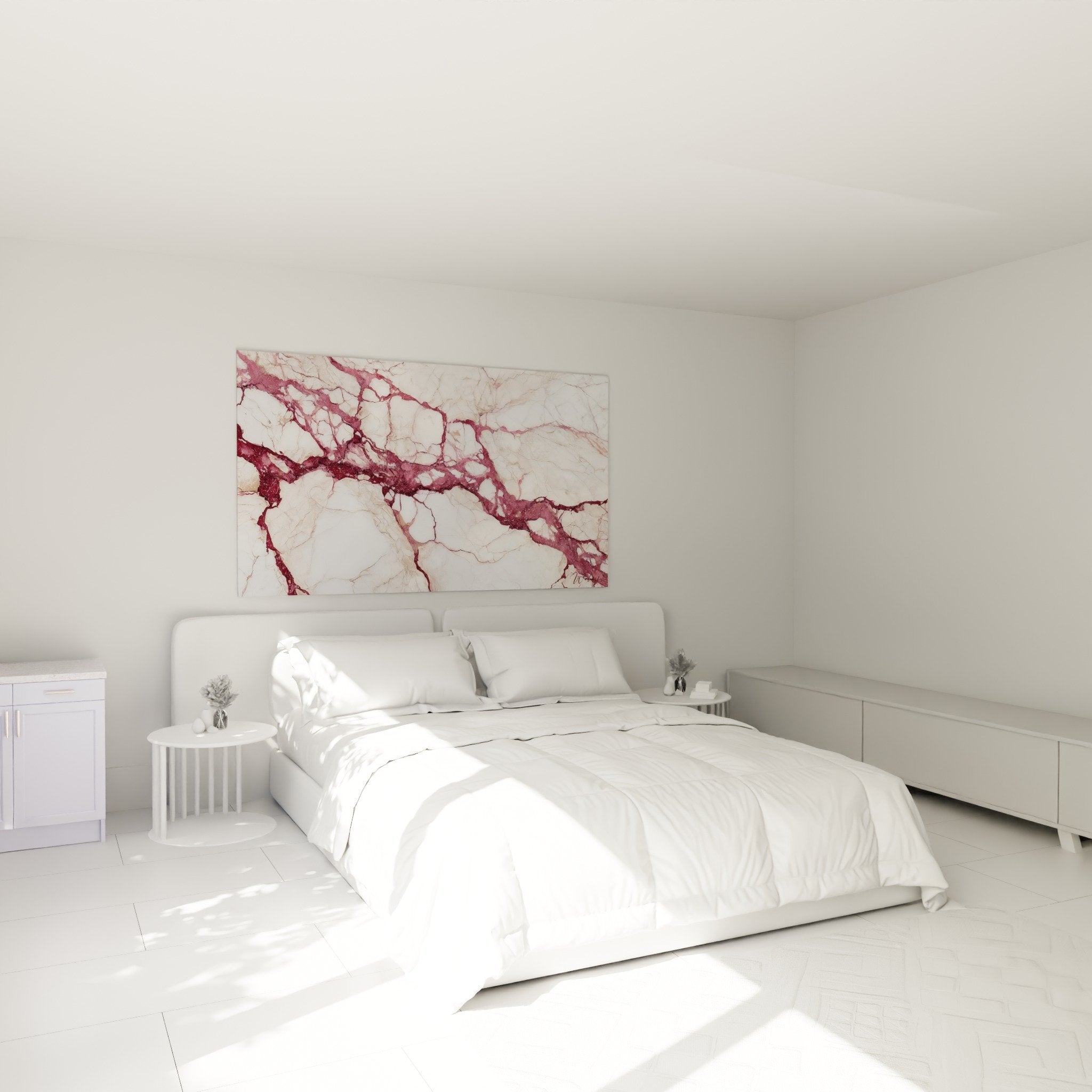 Tableau marbre bordeaux et creme au dessus lit chambre decoration murale chaleureuse