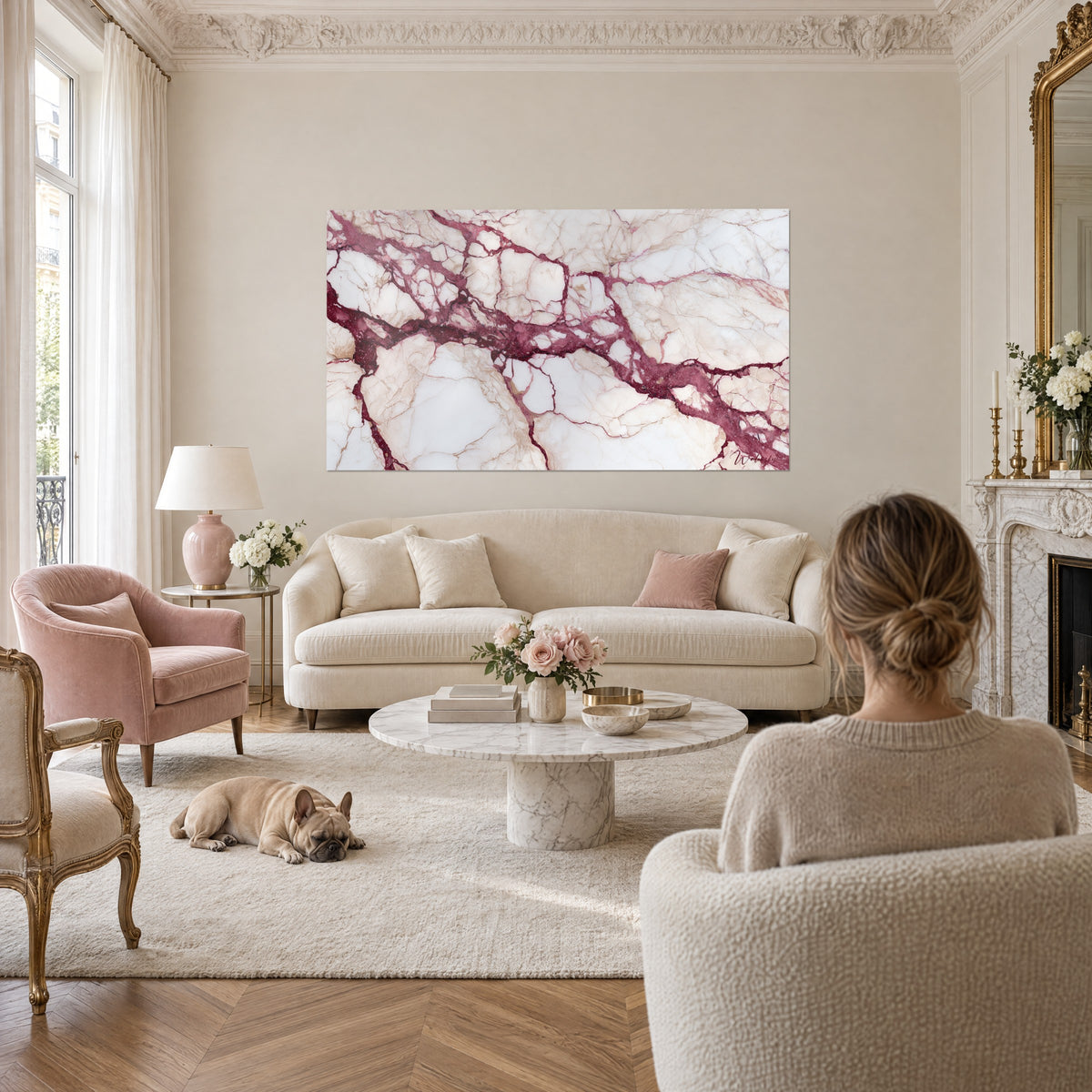 Gemälde Bordeauxroter Marmor mit cremefarbenen Adern und puderrosa Schimmer, zwei Personen von hinten, ein liegender Bulldogge, über einem Sofa in einem hellen Wohnzimmer