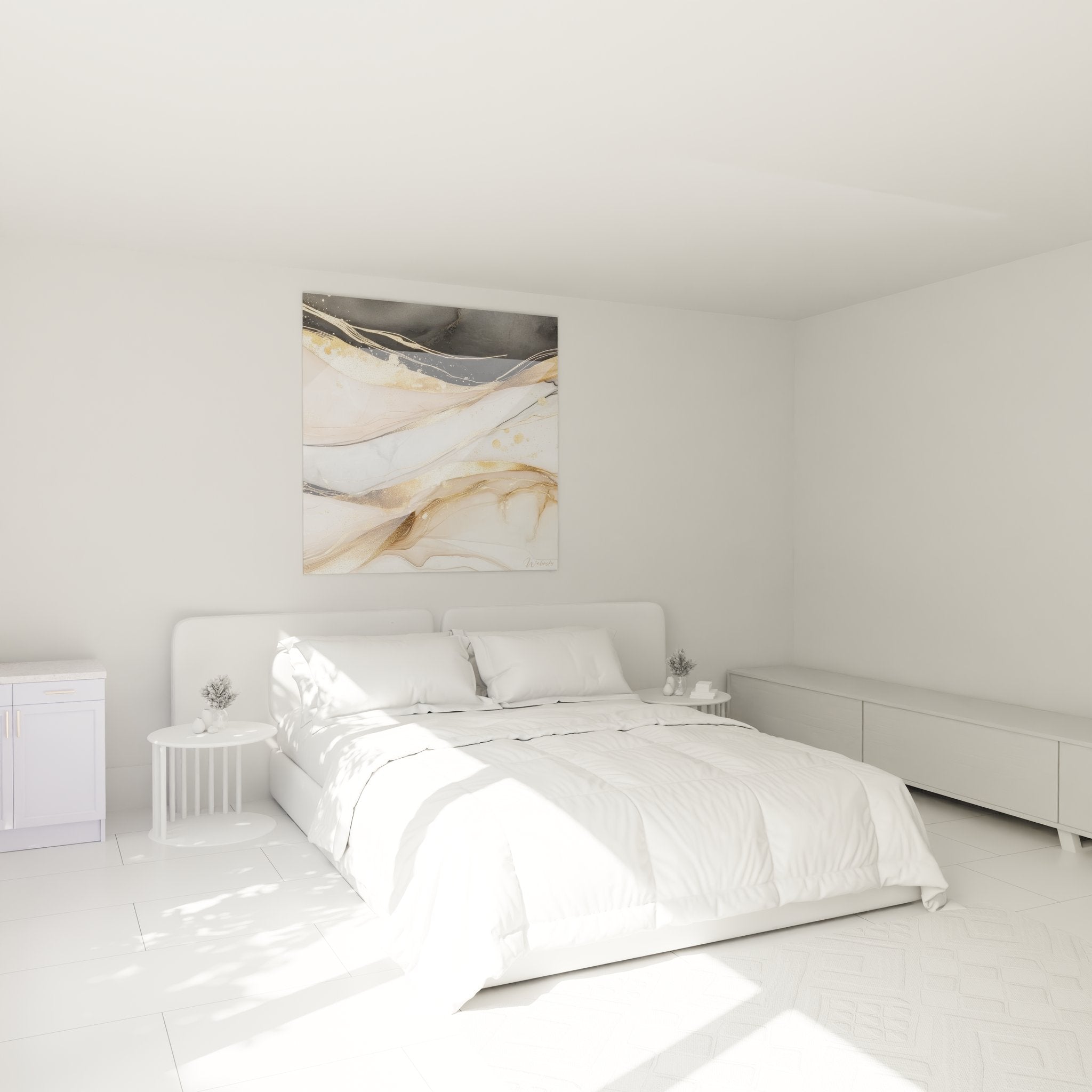 Ambiance chambre avec tableau marbre fluide doré moderne au mur