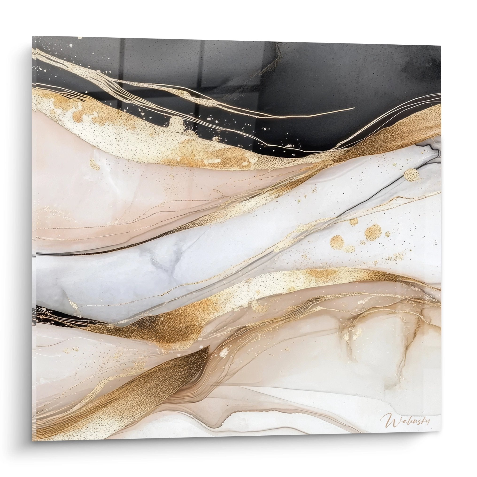 Tableau moderne abstrait marbre fluide doré et noir pour décoration murale élégante