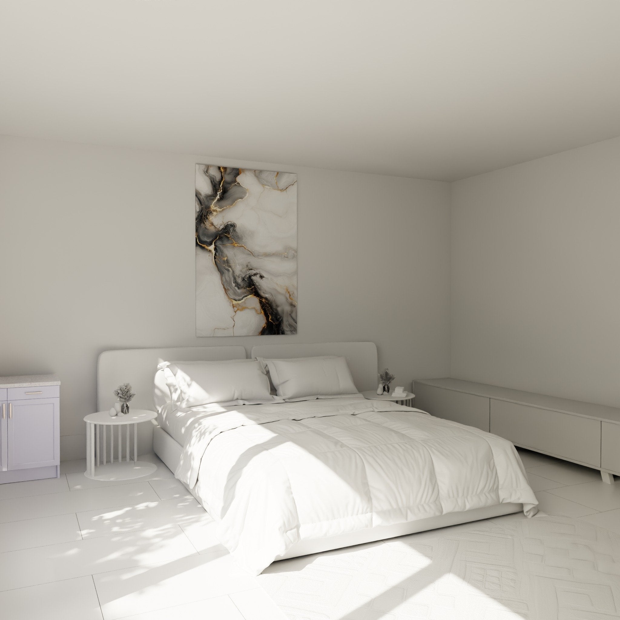 Tableau marbre gris et doré accroché au-dessus d'un lit dans une chambre contemporaine