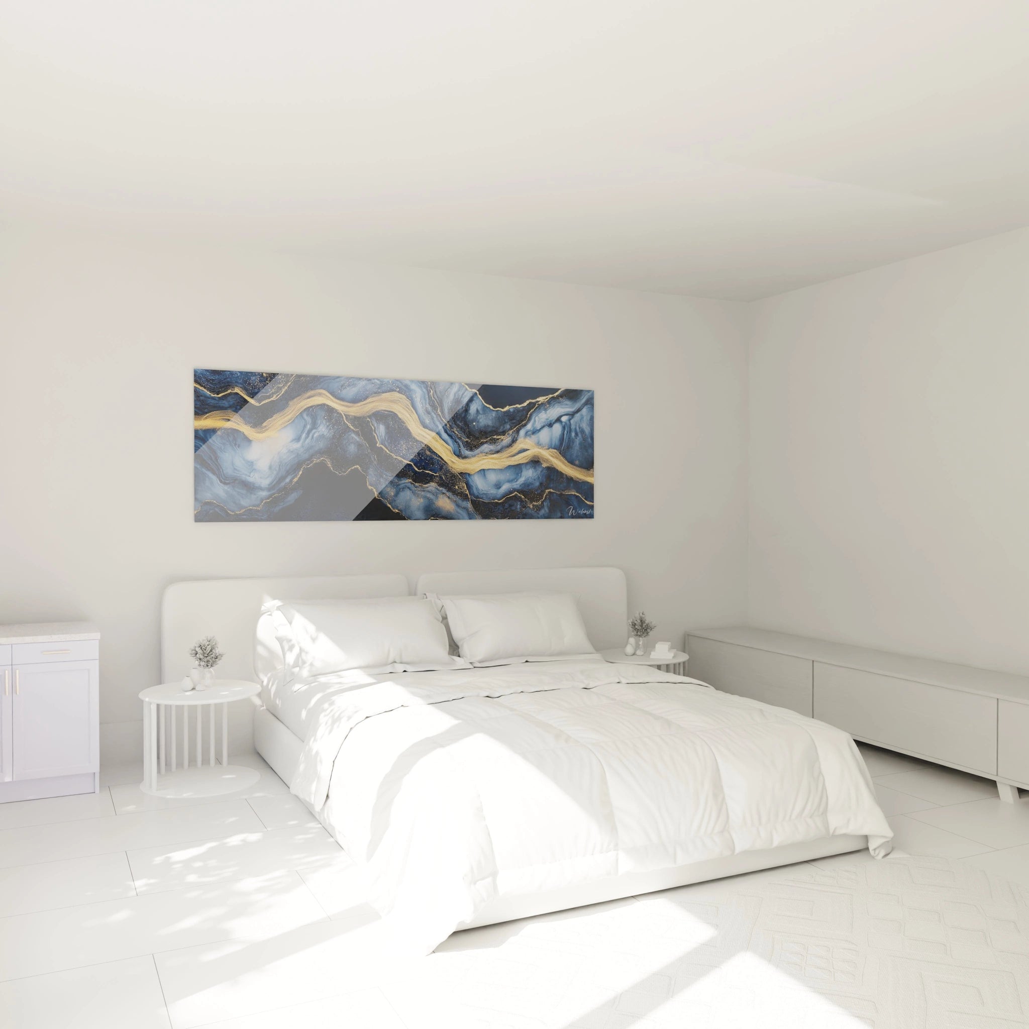 Tableau moderne abstrait de Walensky avec des ondulations bleu et or pour la décoration intérieure