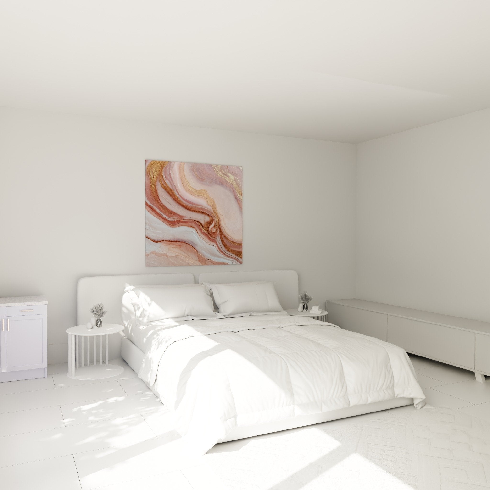Tableau marbre abstrait tons roses installé dans chambre moderne ambiance cocooning et raffinée