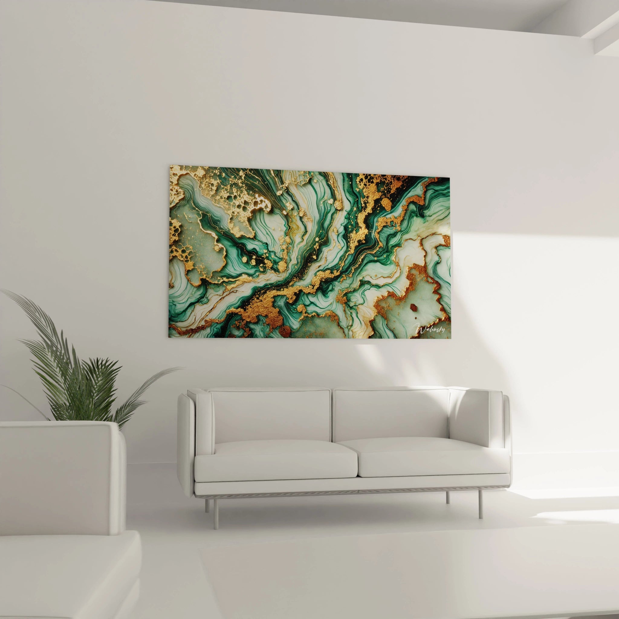 Dans un salon moderne, ce tableau style epoxy au-dessus du canapé transforme l'espace avec ses couleurs riches et ses lignes abstraites, offrant à la pièce une élégance naturelle.