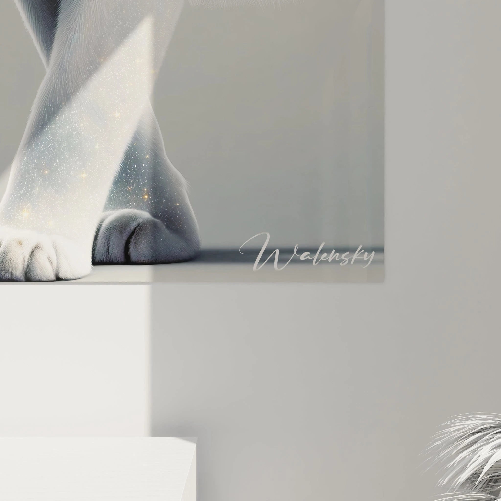 Un tableau d'animal présentant un tigre blanc au corps partiellement éthéré avec des marques dorées lumineuses. La texture veloutée du pelage blanc se transforme progressivement en particules brillantes vers les pattes. Les yeux ambrés et les vibrisses blanches sont rendus avec précision, tandis que l'ensemble dégage une impression féerique sur fond gris-bleu pâle.